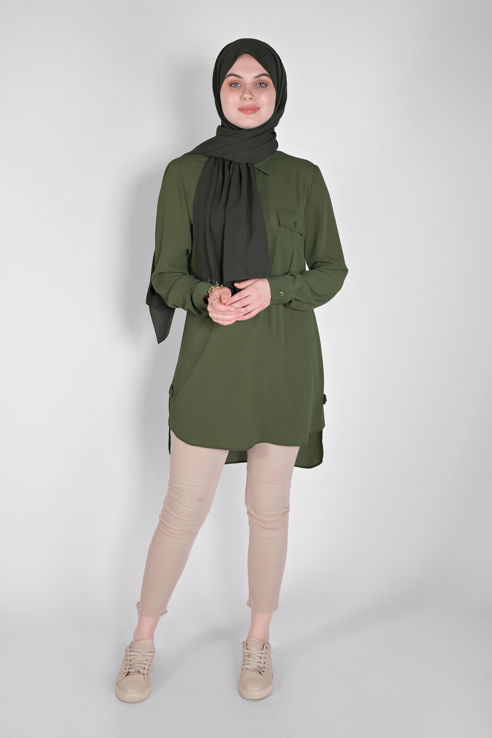 Tesettür giyim HAKİ CEPLİ DÜĞMELİ TUNİK 41559 