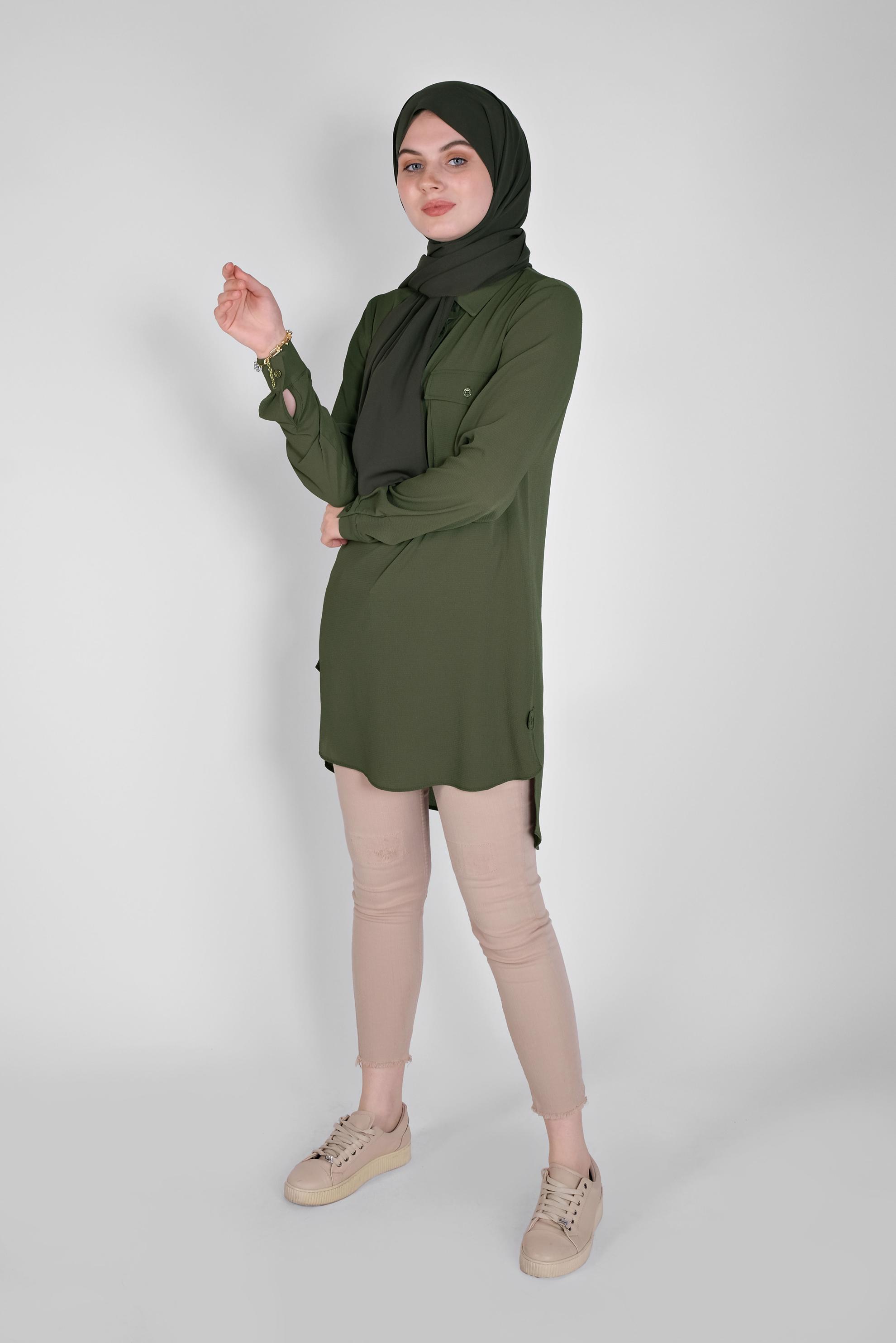 Tesettür giyim HAKİ CEPLİ DÜĞMELİ TUNİK 41559 