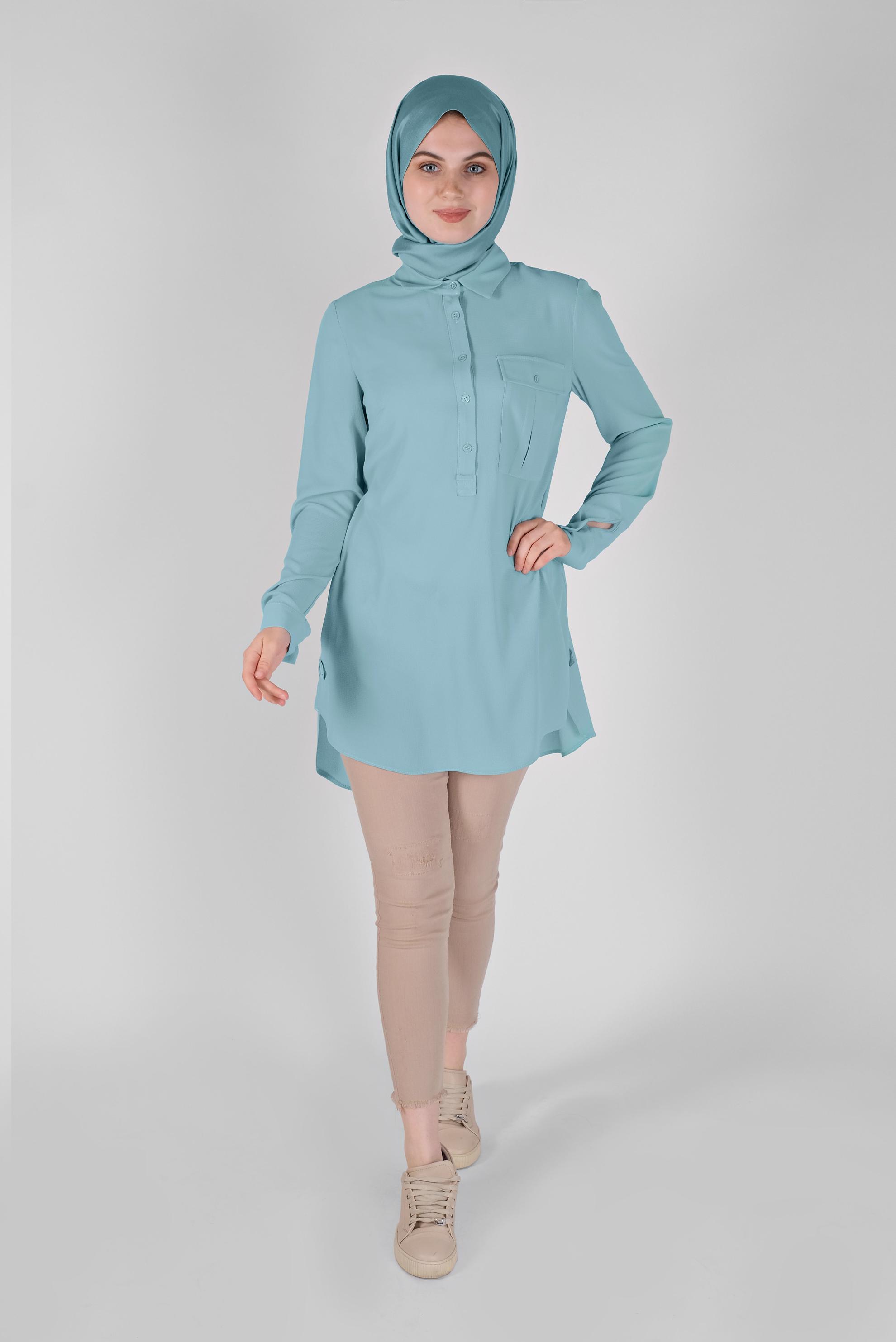 Tesettür giyim MAVİ CEPLİ DÜĞMELİ TUNİK 41559 