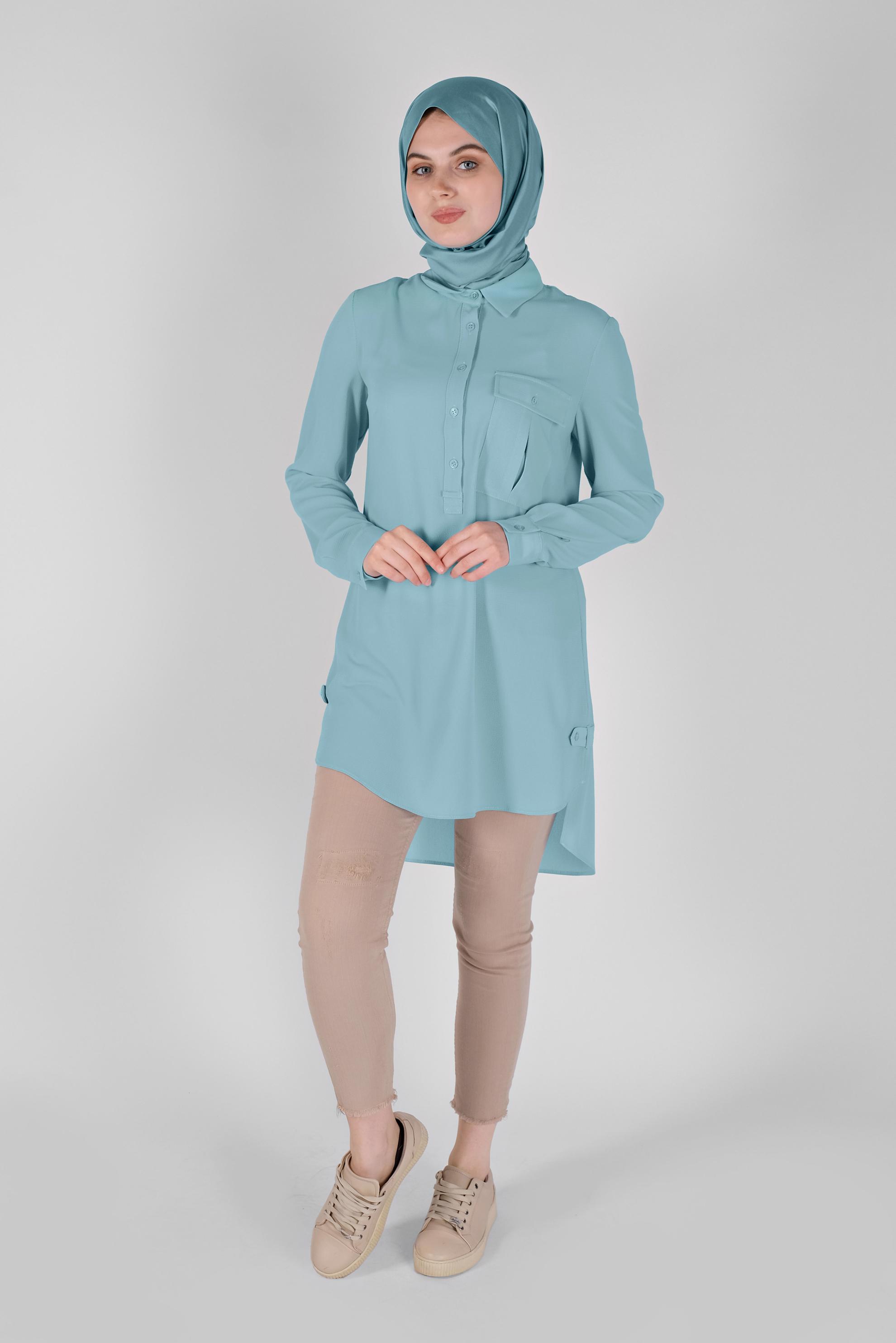 Tesettür giyim MAVİ CEPLİ DÜĞMELİ TUNİK 41559 