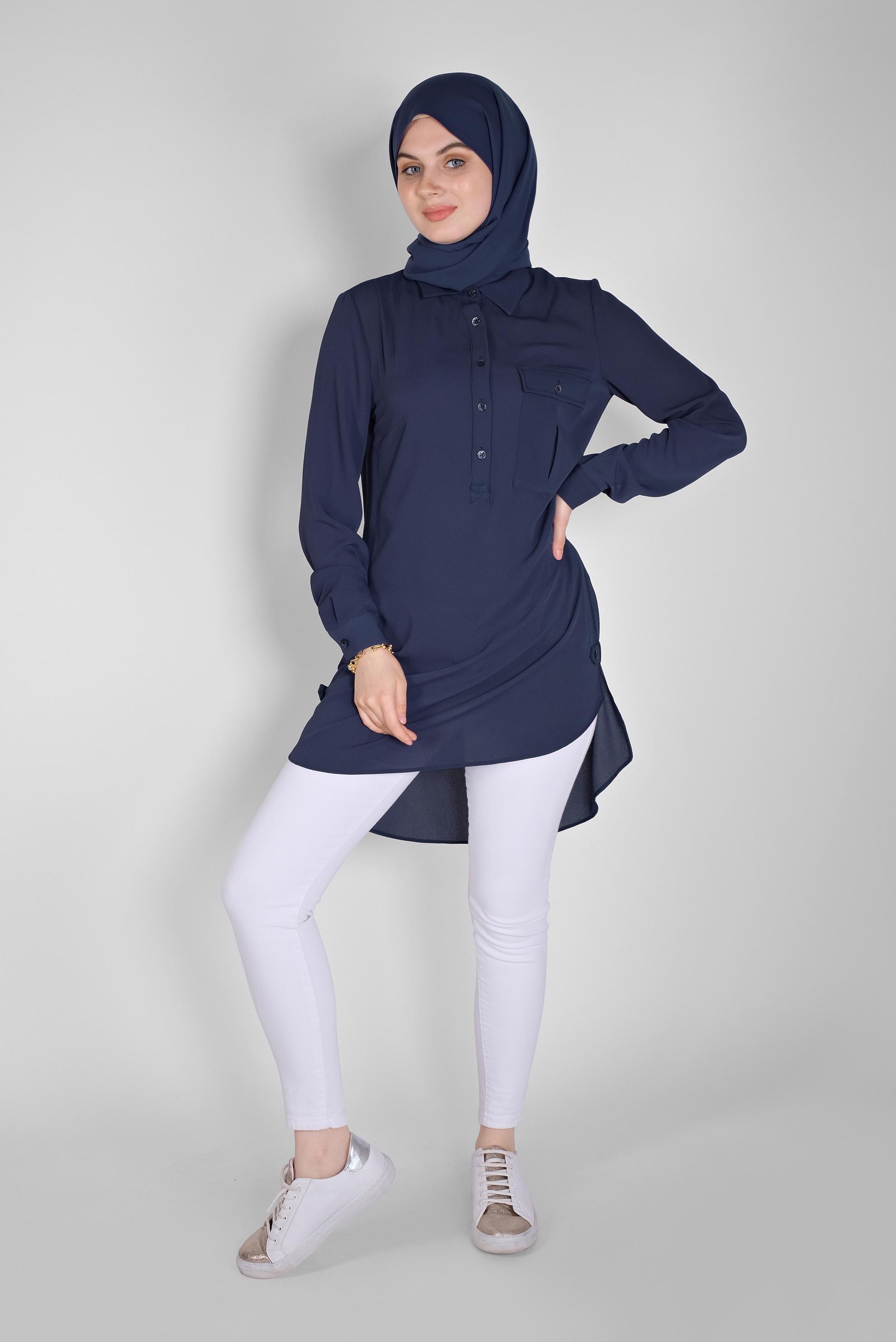 Tesettür giyim LACİVERT CEPLİ DÜĞMELİ TUNİK 41559 
