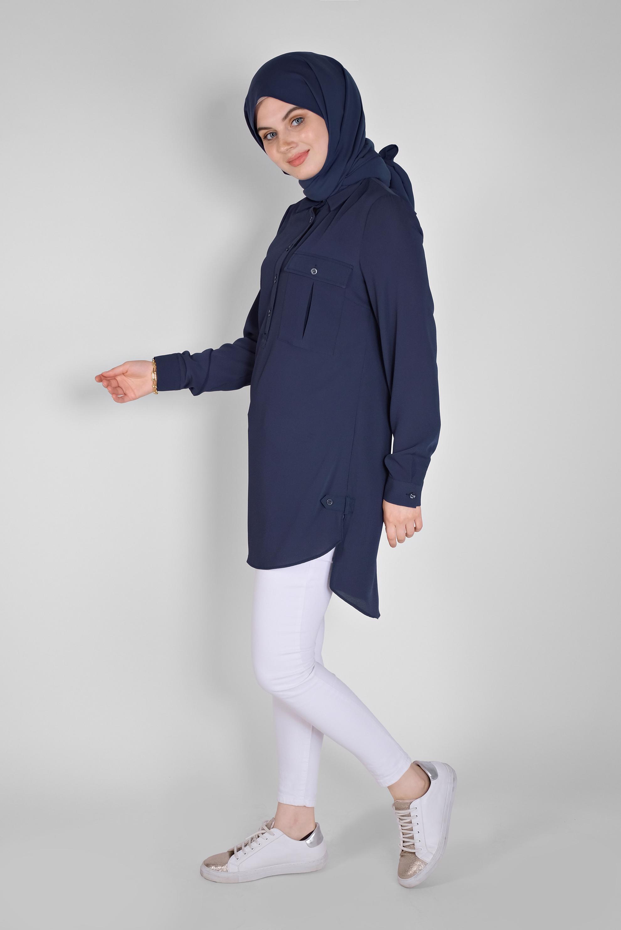 Tesettür giyim LACİVERT CEPLİ DÜĞMELİ TUNİK 41559 