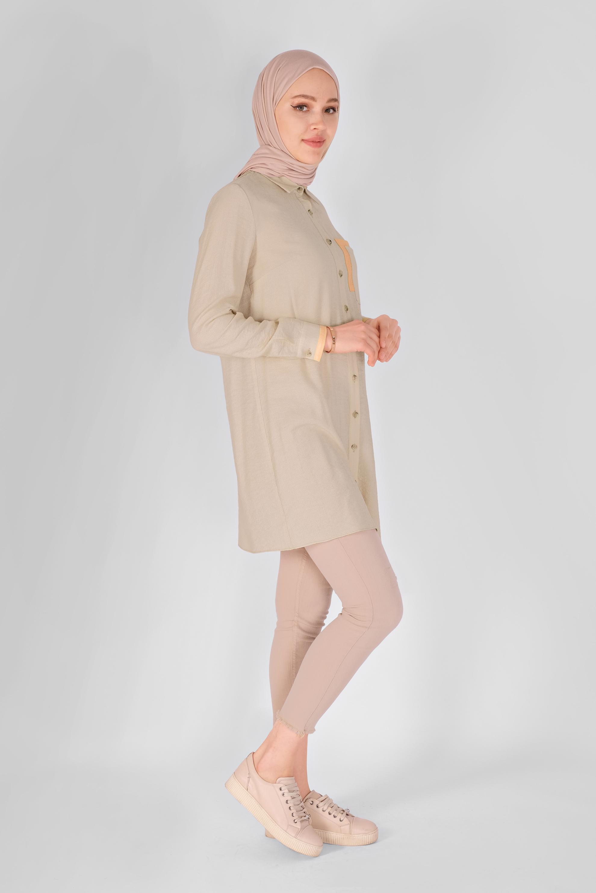 Tesettür giyim BEJ BOYDAN DÜĞMELİ TUNİK 41565