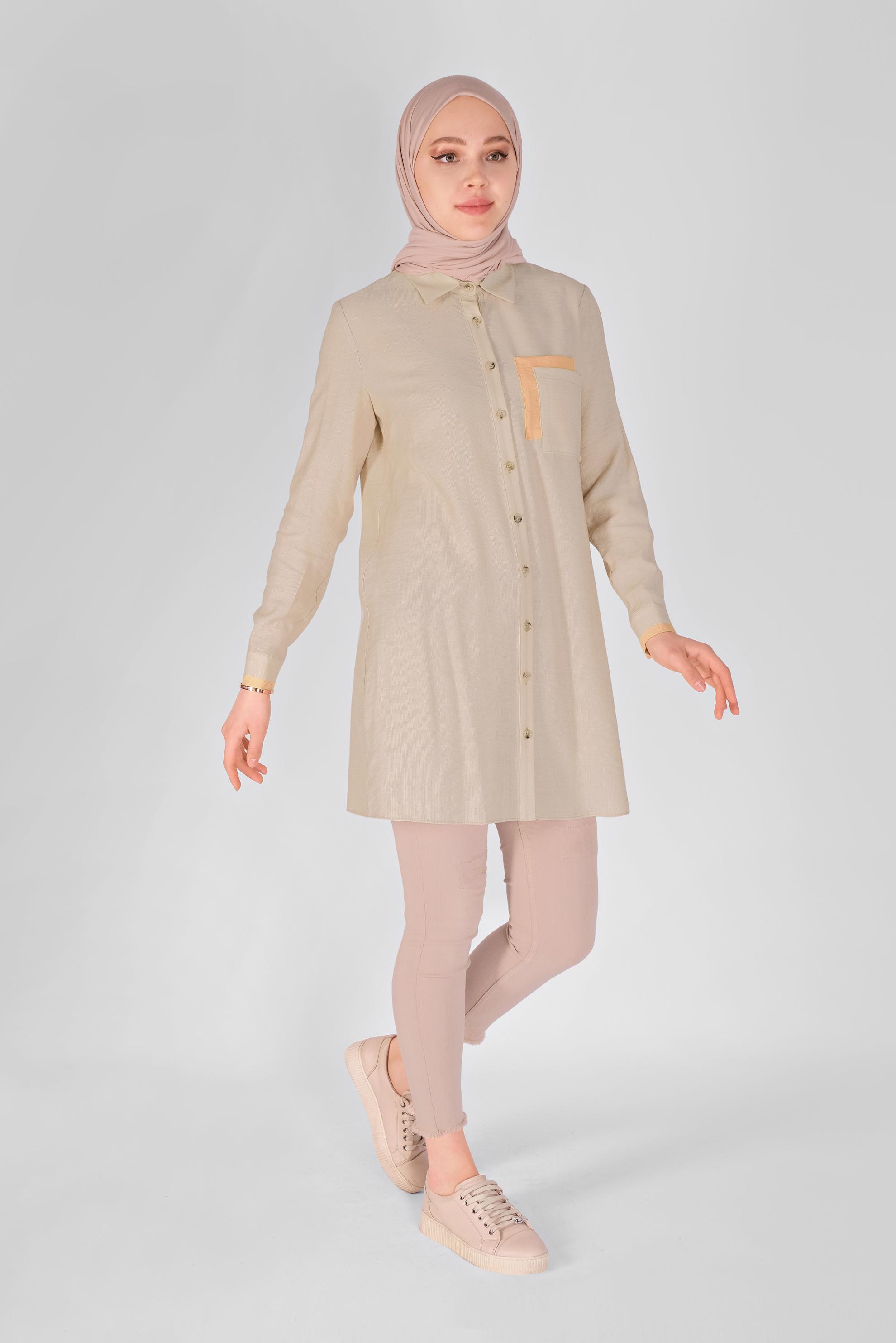 Tesettür giyim BEJ BOYDAN DÜĞMELİ TUNİK 41565