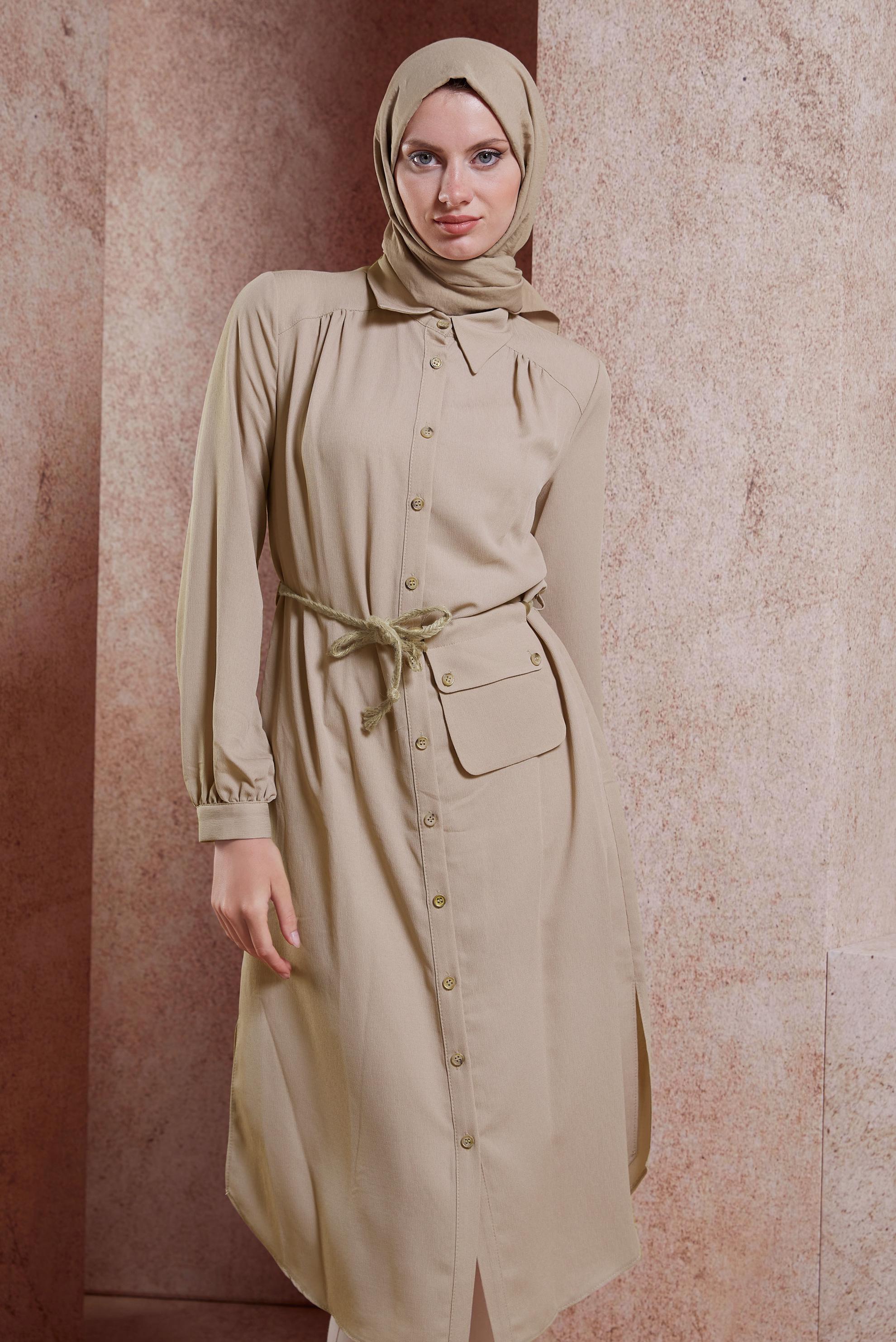 Tesettür giyim BEJ GÖMLEK YAKA TUNİK 41574