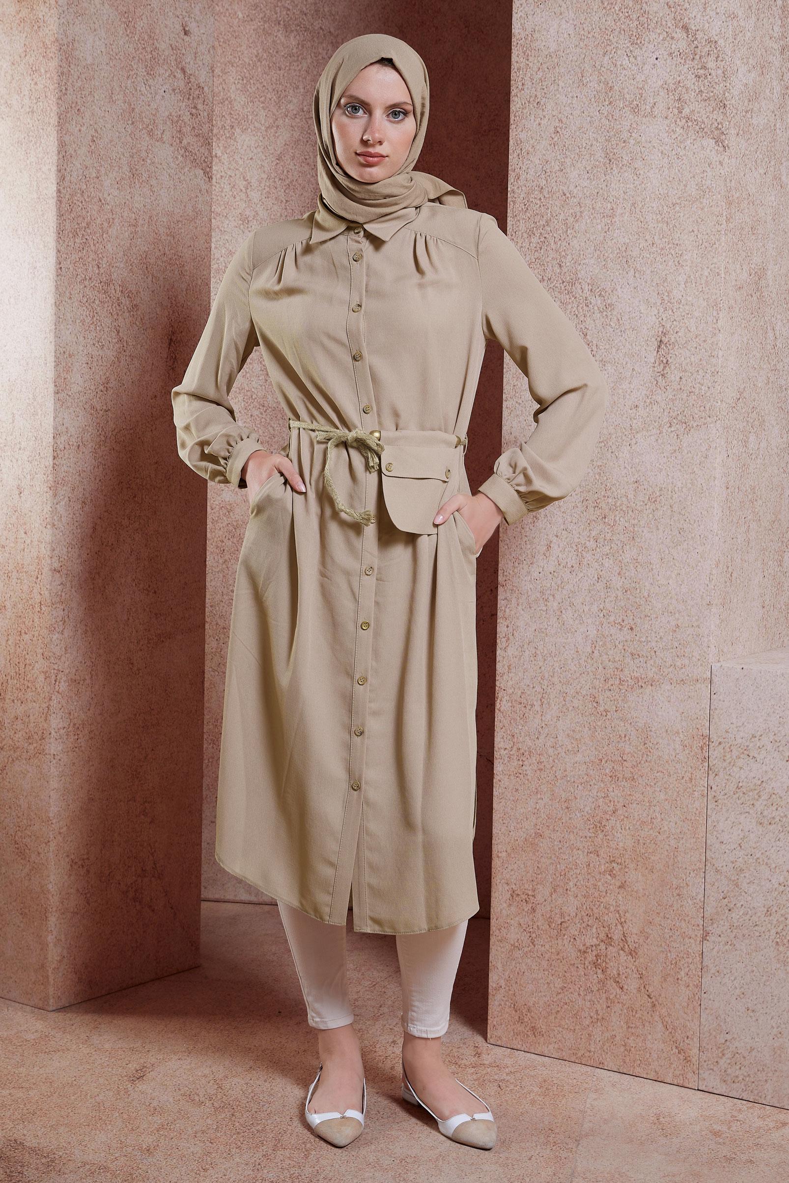 Tesettür giyim BEJ GÖMLEK YAKA TUNİK 41574