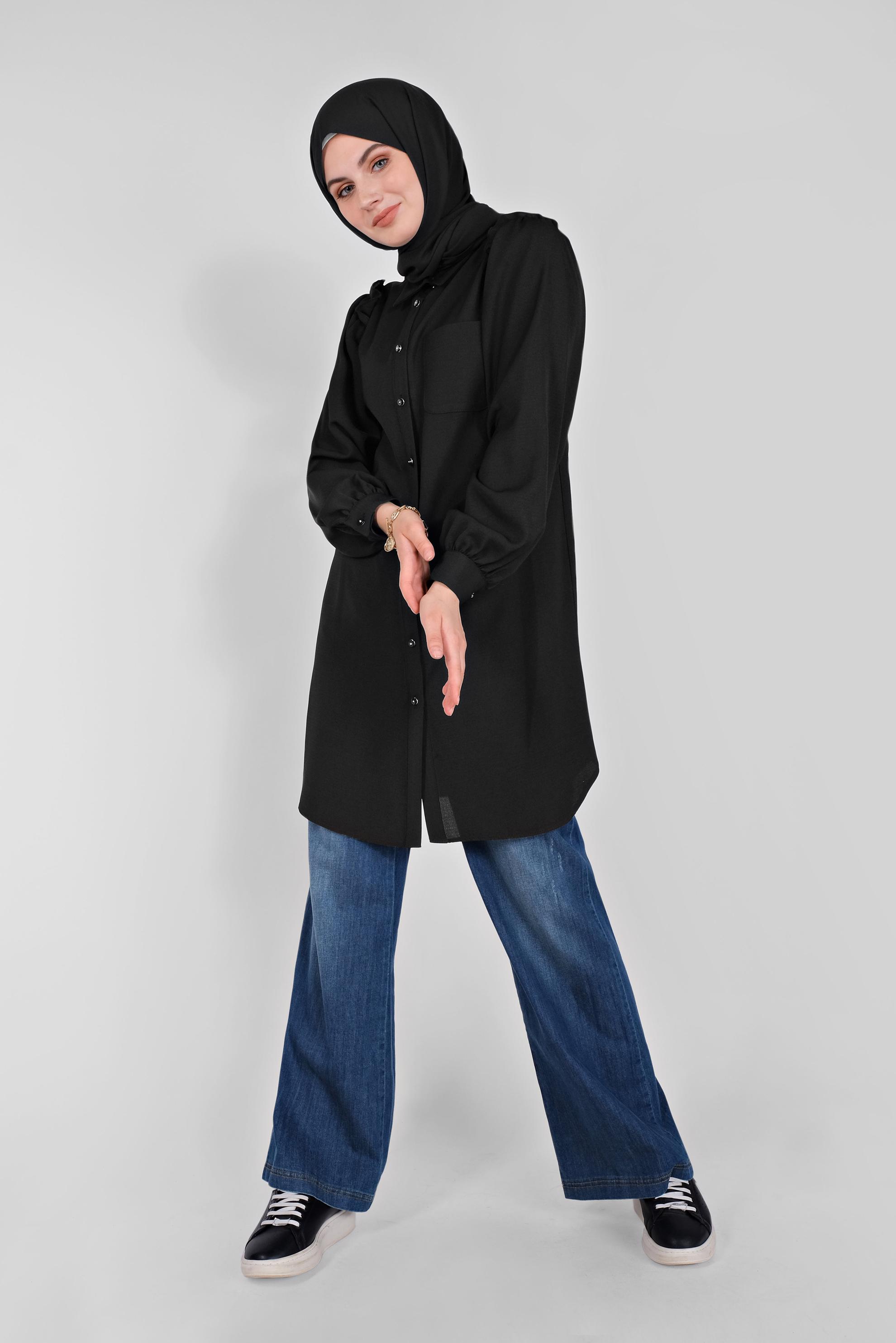 Tesettür giyim SİYAH FIRFIR DETAYLI DÜĞMELİ TUNİK 41575 