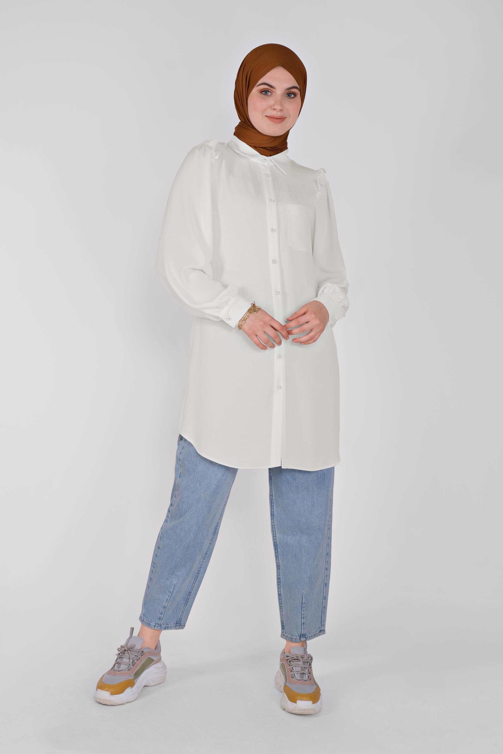 Tesettür giyim BEYAZ FIRFIR DETAYLI DÜĞMELİ TUNİK 41575 