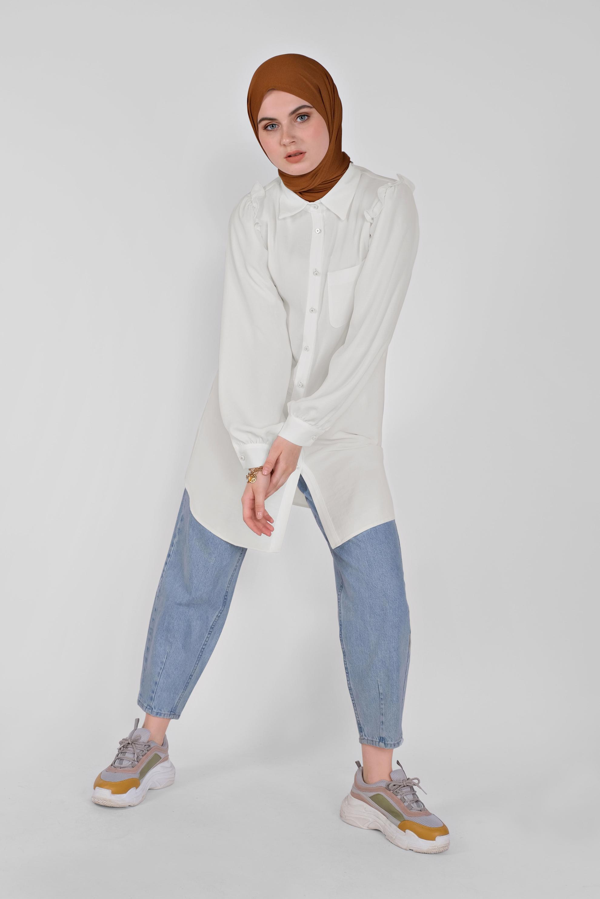 Tesettür giyim BEYAZ FIRFIR DETAYLI DÜĞMELİ TUNİK 41575 