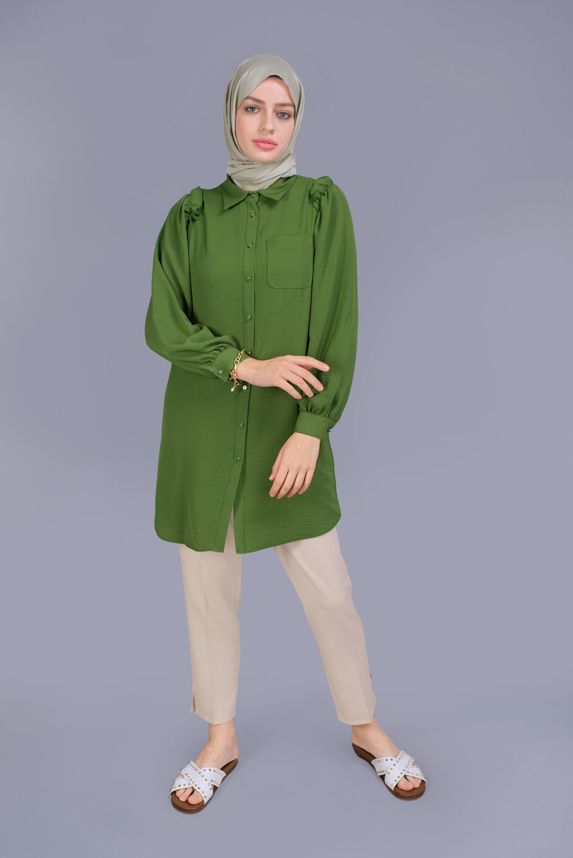 Tesettür giyim YEŞİL FIRFIR DETAYLI DÜĞMELİ TUNİK 41575 