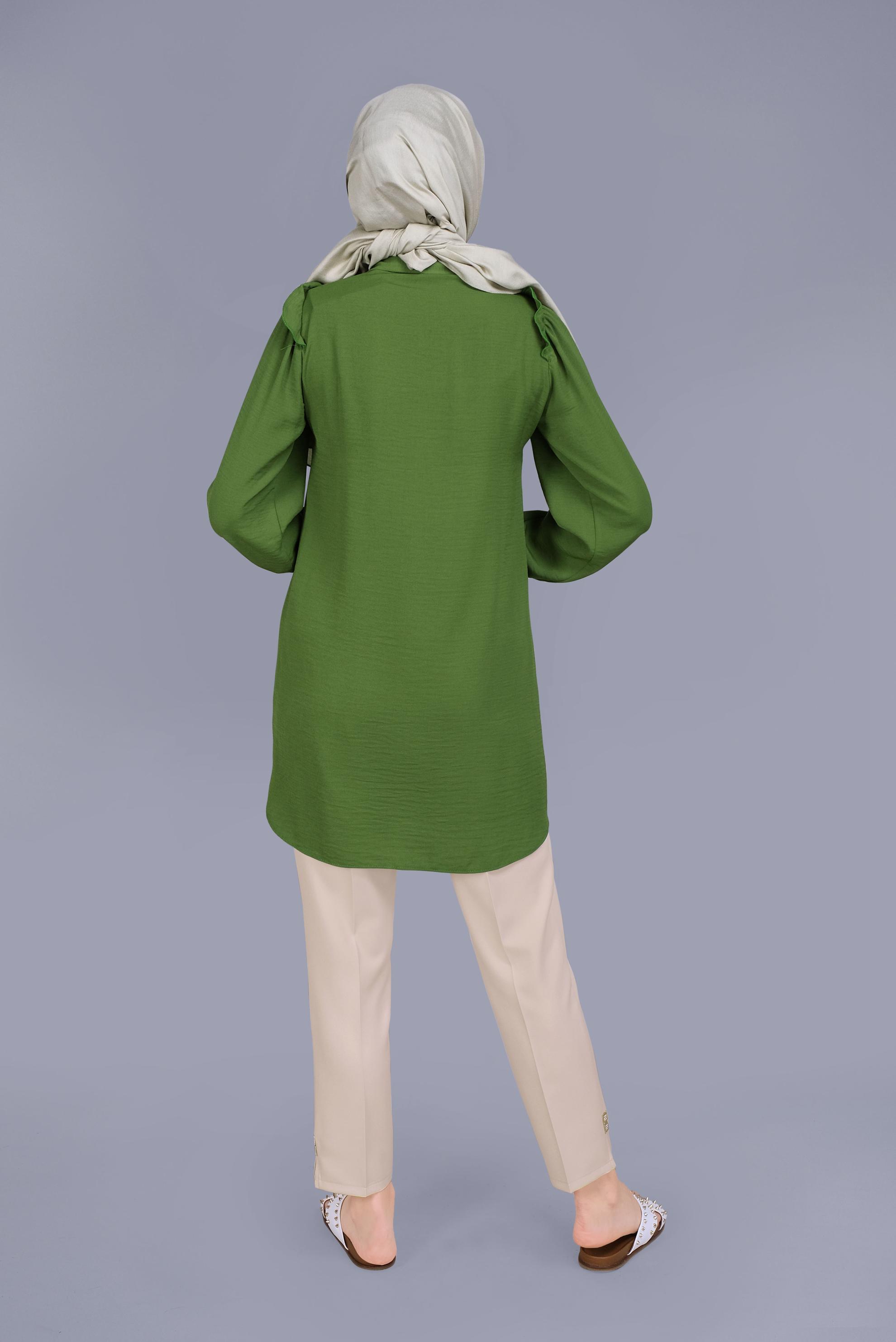 Tesettür giyim YEŞİL FIRFIR DETAYLI DÜĞMELİ TUNİK 41575 