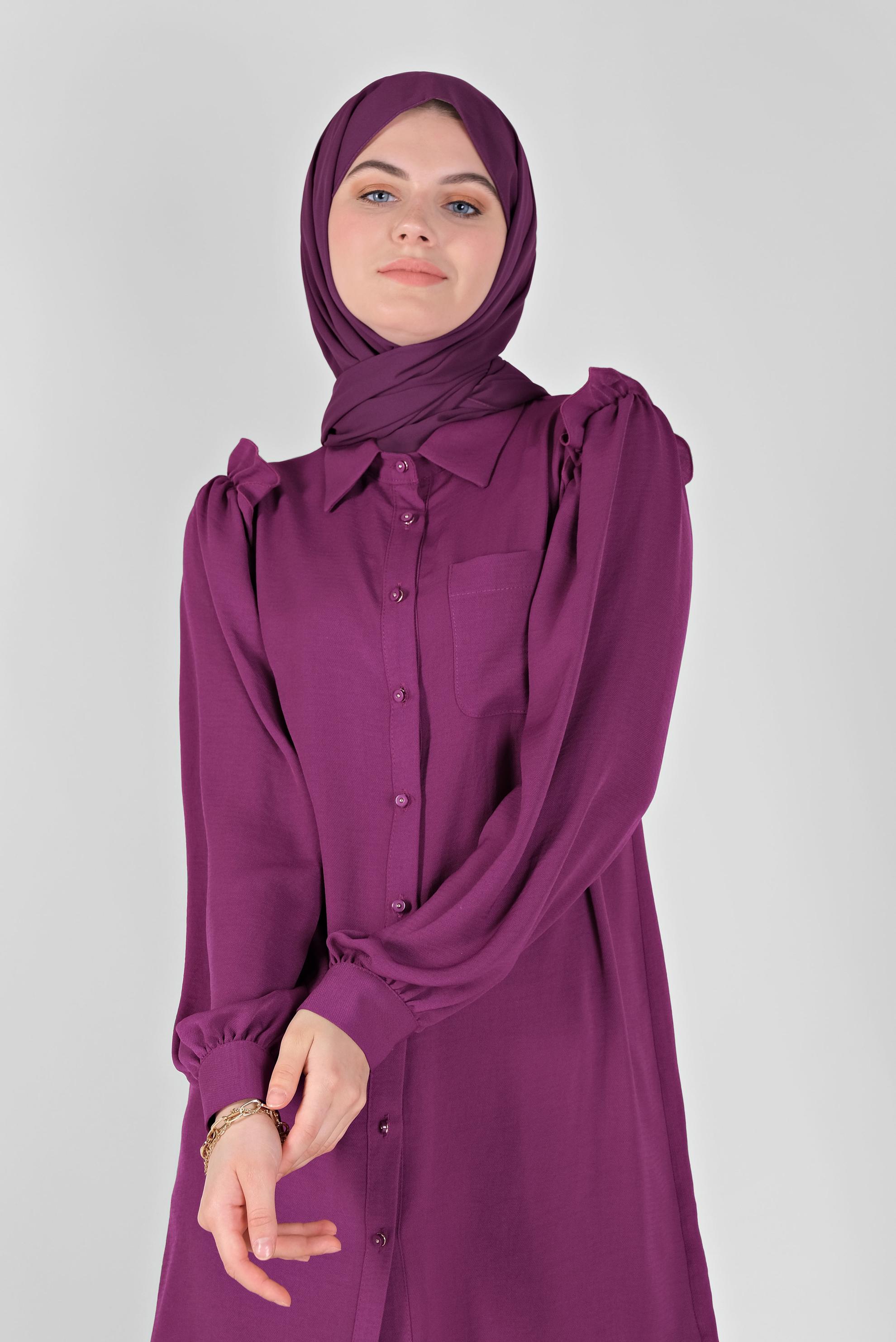 Tesettür giyim MOR FIRFIR DETAYLI DÜĞMELİ TUNİK 41575 