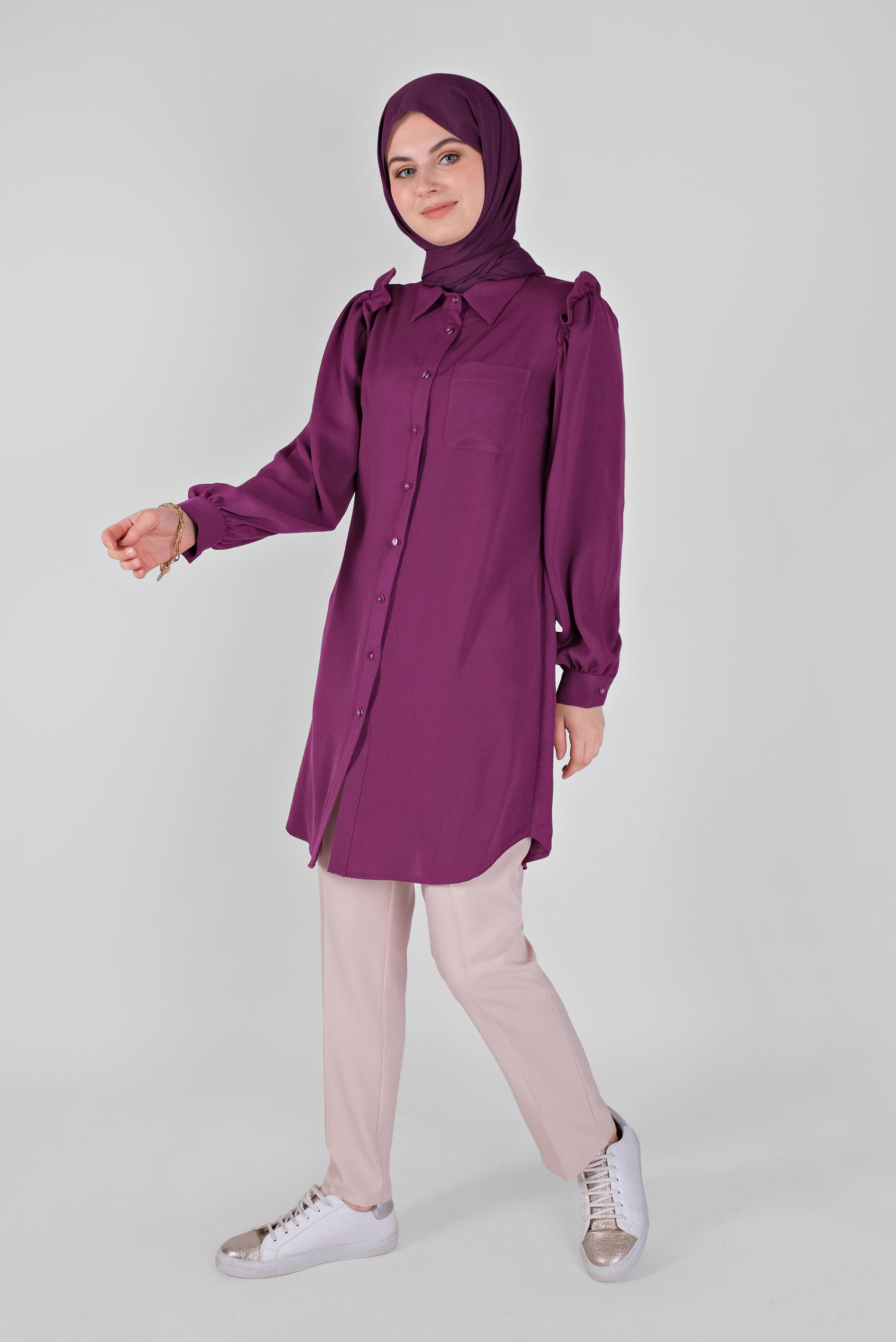 Tesettür giyim MOR FIRFIR DETAYLI DÜĞMELİ TUNİK 41575 