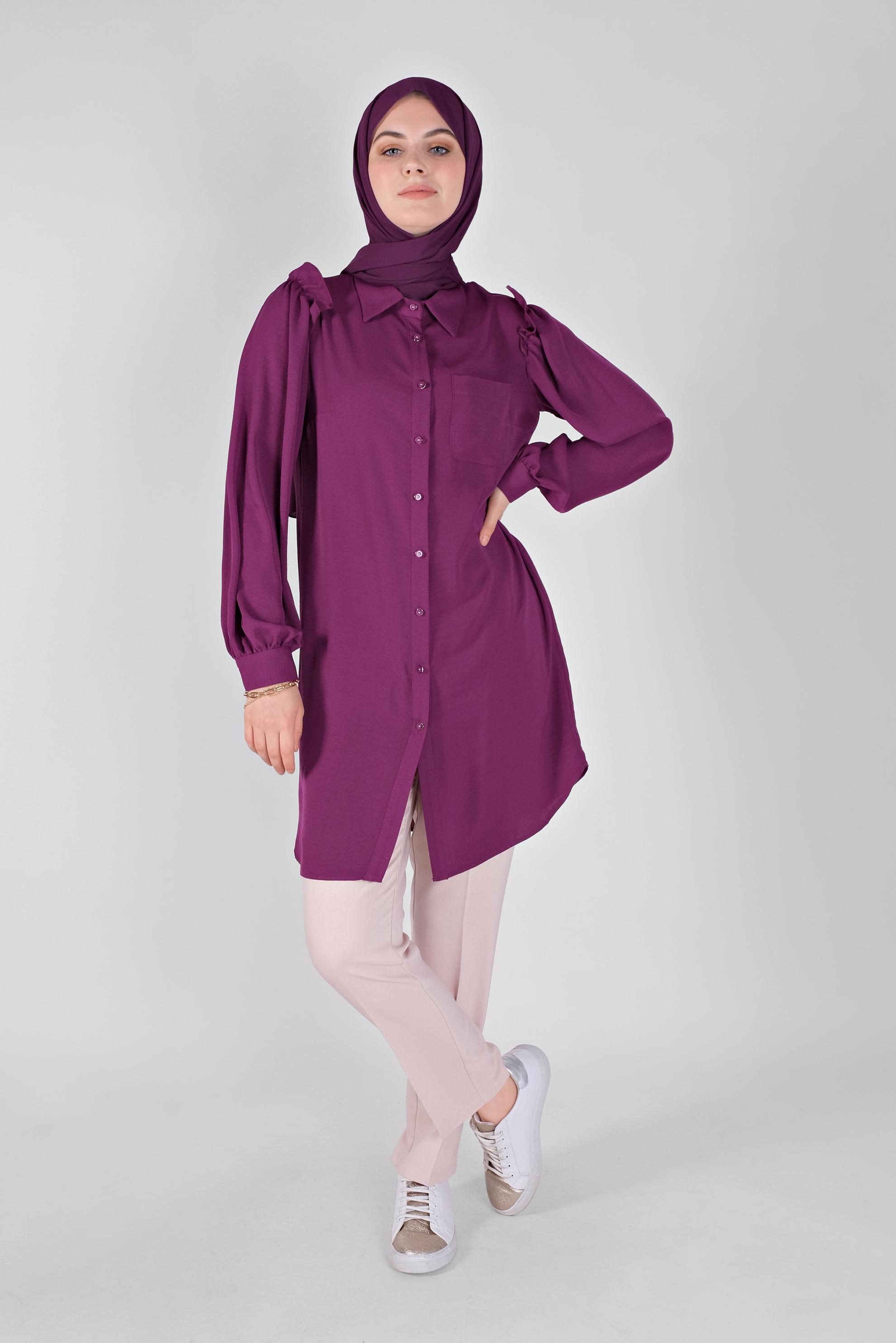 Tesettür giyim MOR FIRFIR DETAYLI DÜĞMELİ TUNİK 41575 