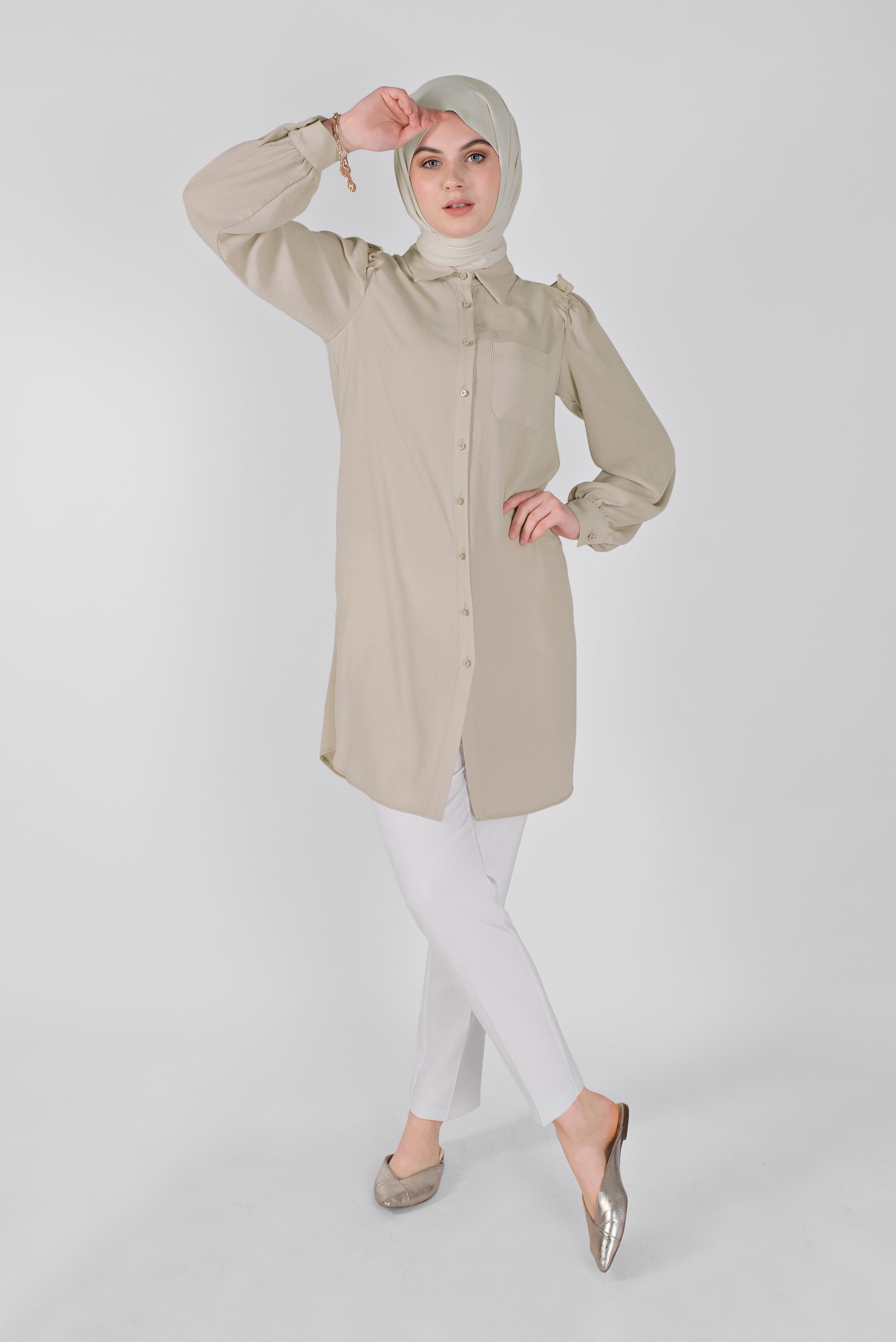 Tesettür giyim KUM FIRFIR DETAYLI DÜĞMELİ TUNİK 41575 