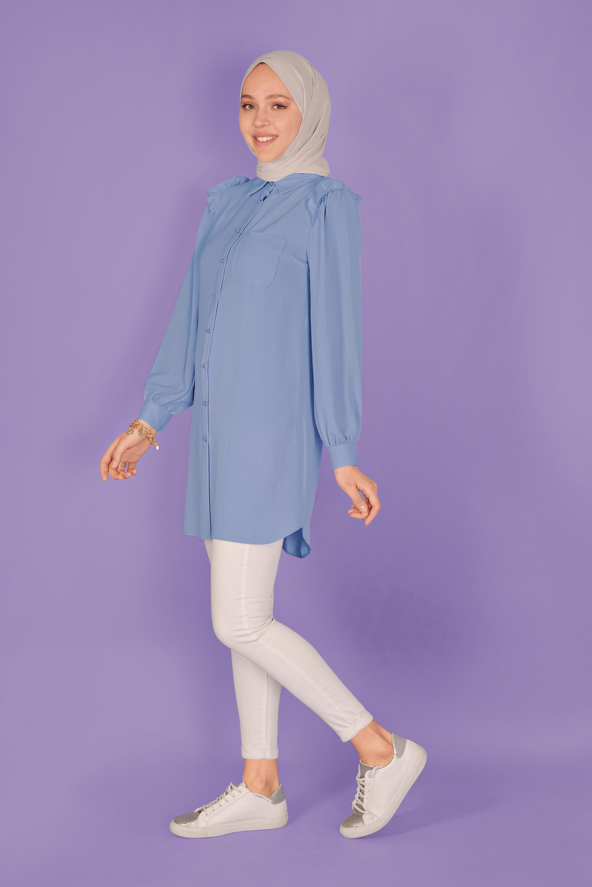 Tesettür giyim MAVİ FIRFIR DETAYLI DÜĞMELİ TUNİK 41575 