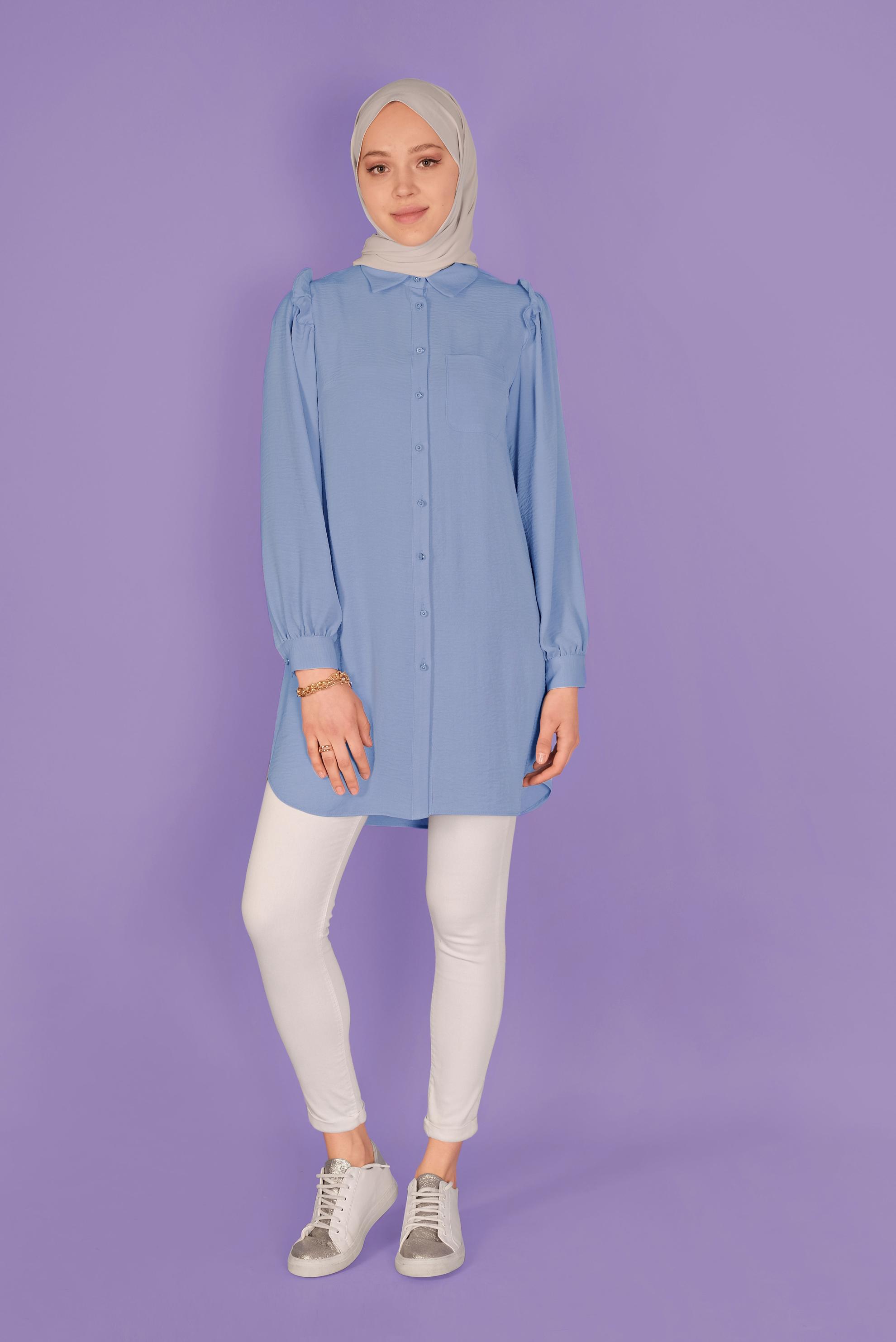 Tesettür giyim MAVİ FIRFIR DETAYLI DÜĞMELİ TUNİK 41575 