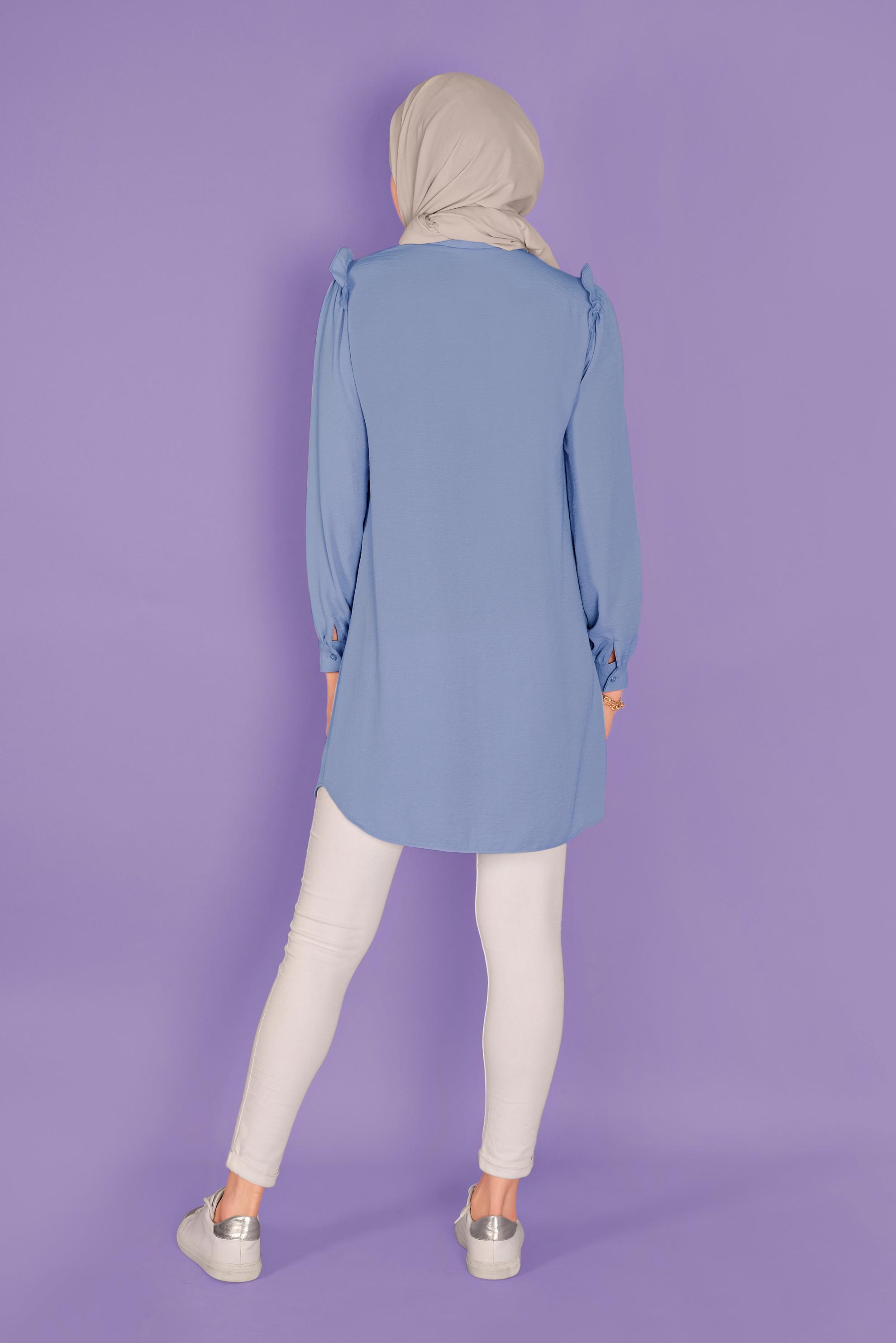 Tesettür giyim MAVİ FIRFIR DETAYLI DÜĞMELİ TUNİK 41575 