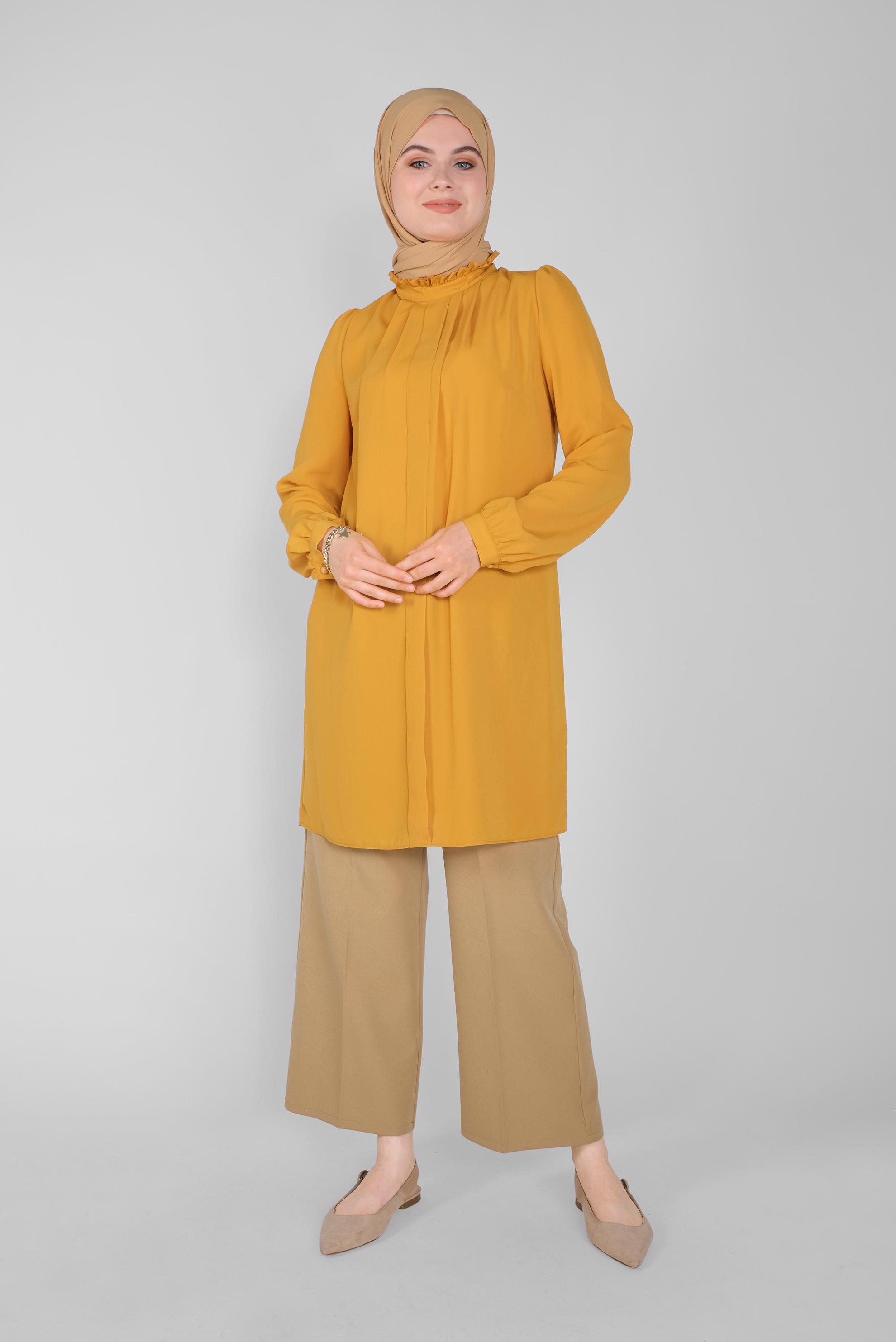 Tesettür giyim SARI YAKASI FIRFIR DETAYLI TUNİK 41576