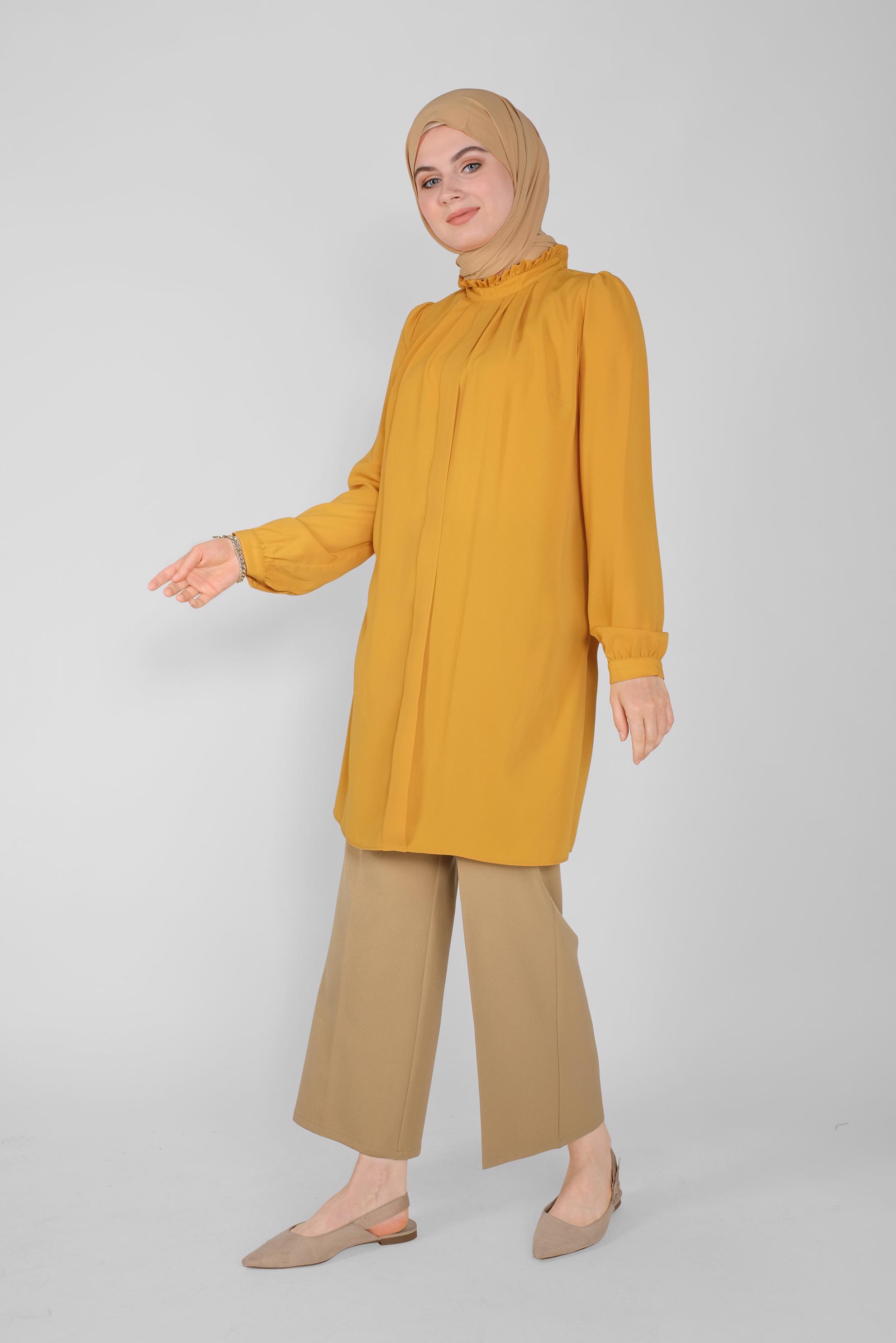 Tesettür giyim SARI YAKASI FIRFIR DETAYLI TUNİK 41576