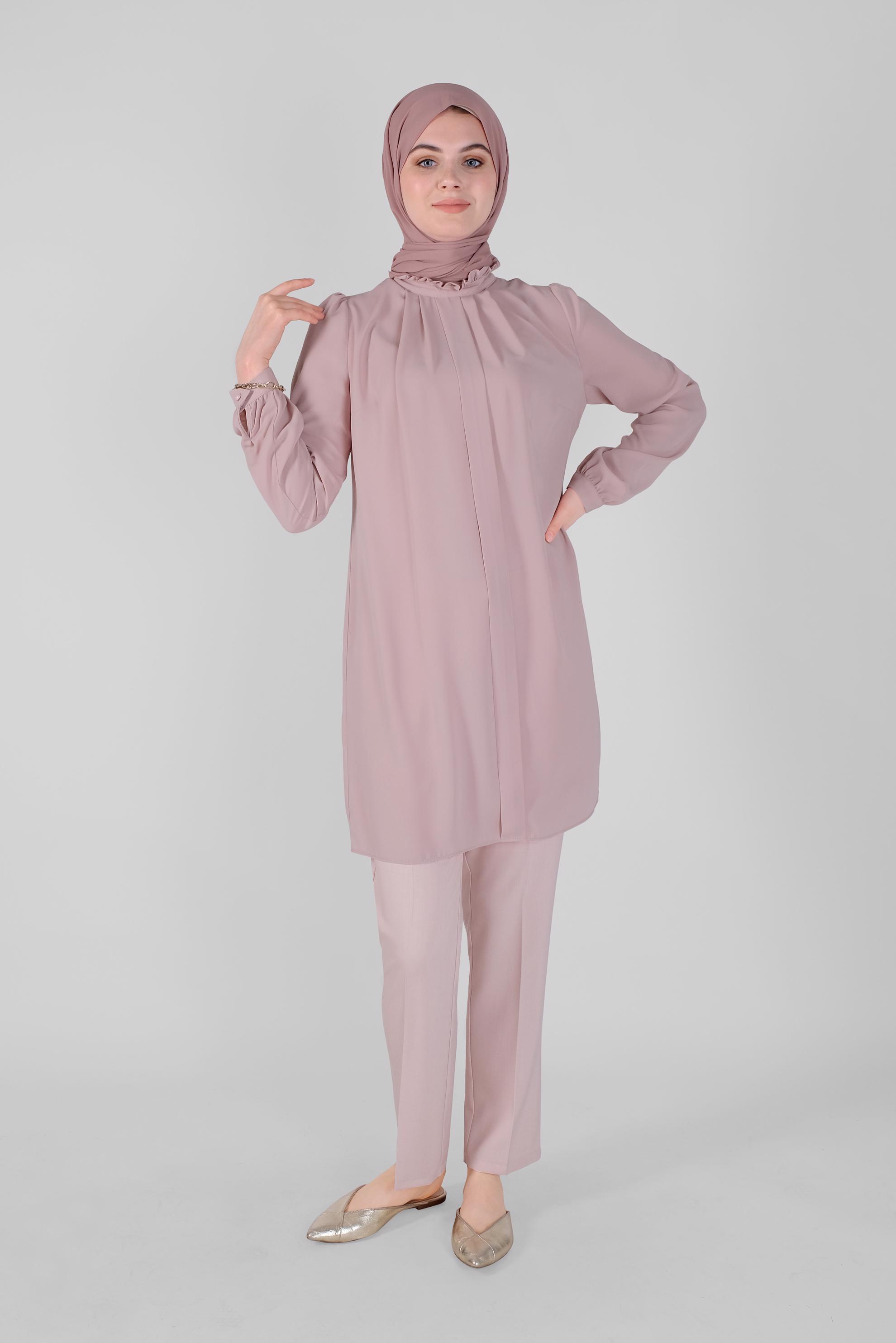 Tesettür giyim PUDRA YAKASI FIRFIR DETAYLI TUNİK 41576