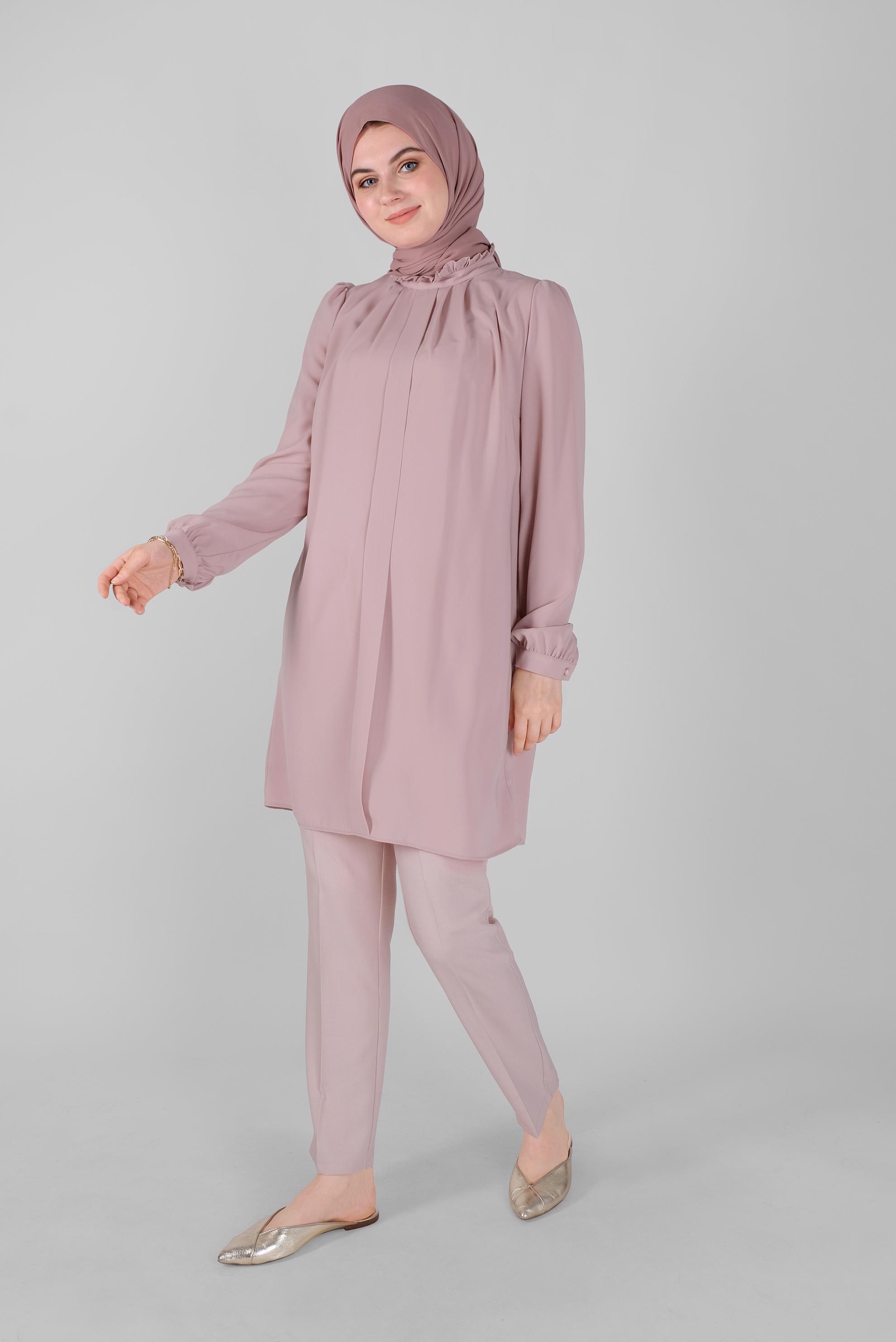 Tesettür giyim PUDRA YAKASI FIRFIR DETAYLI TUNİK 41576