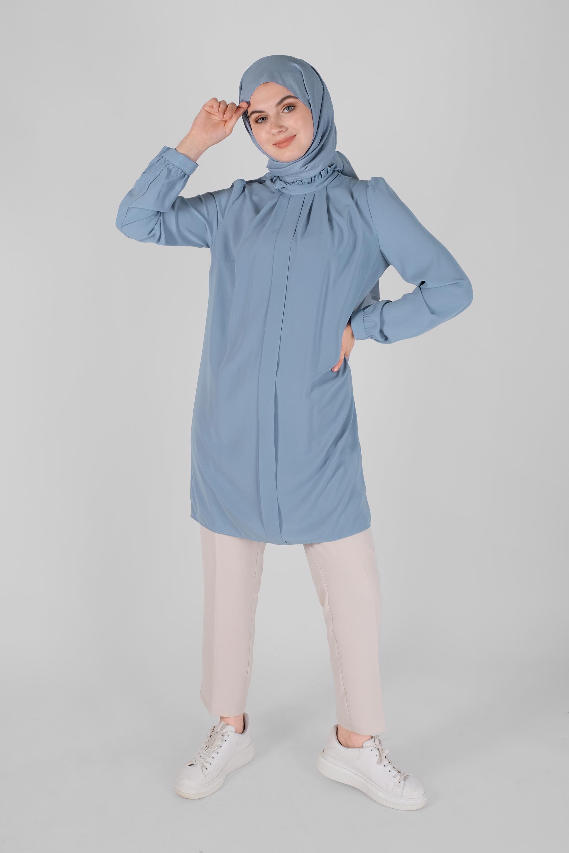 Tesettür giyim MAVİ YAKASI FIRFIR DETAYLI TUNİK 41576