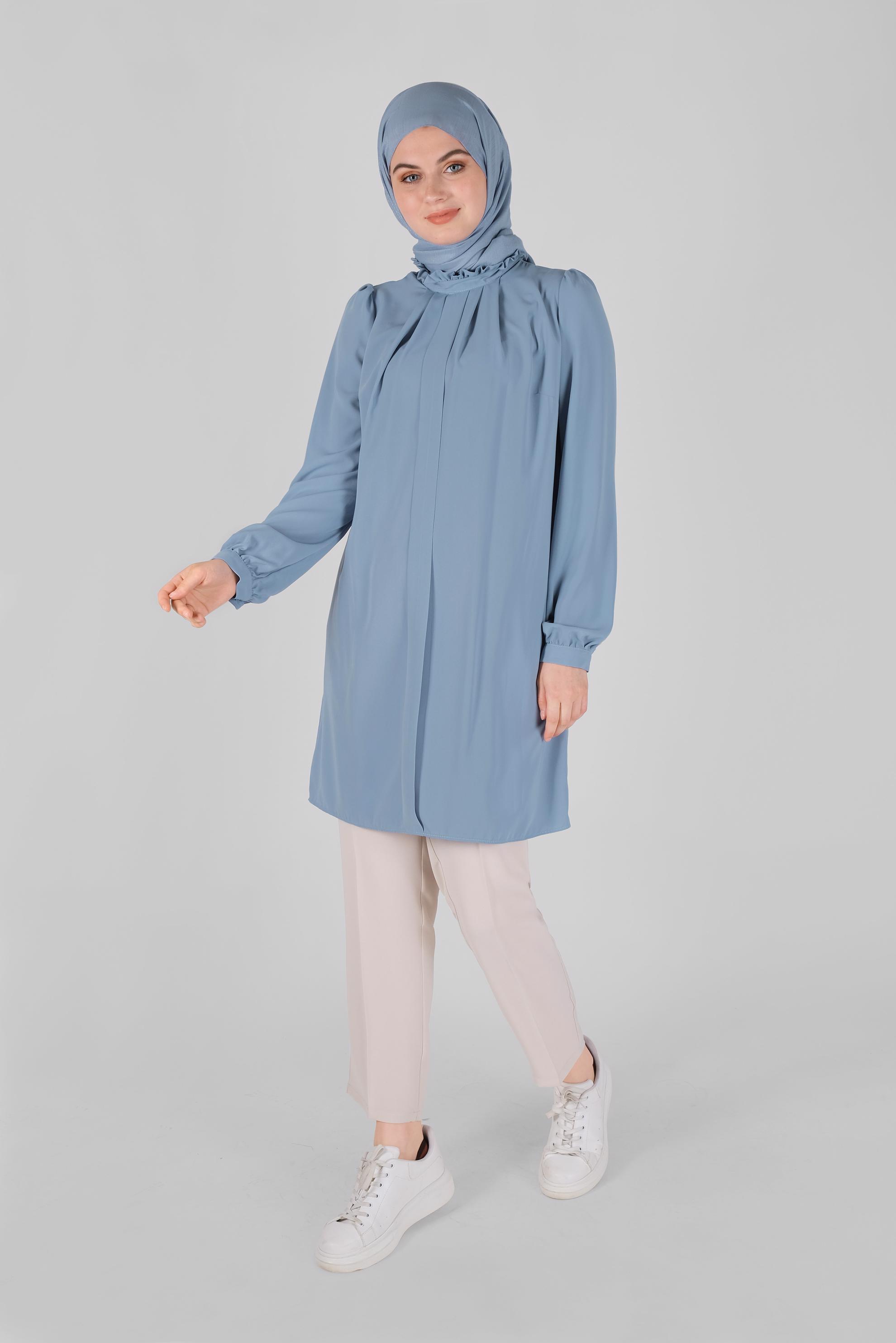 Tesettür giyim MAVİ YAKASI FIRFIR DETAYLI TUNİK 41576