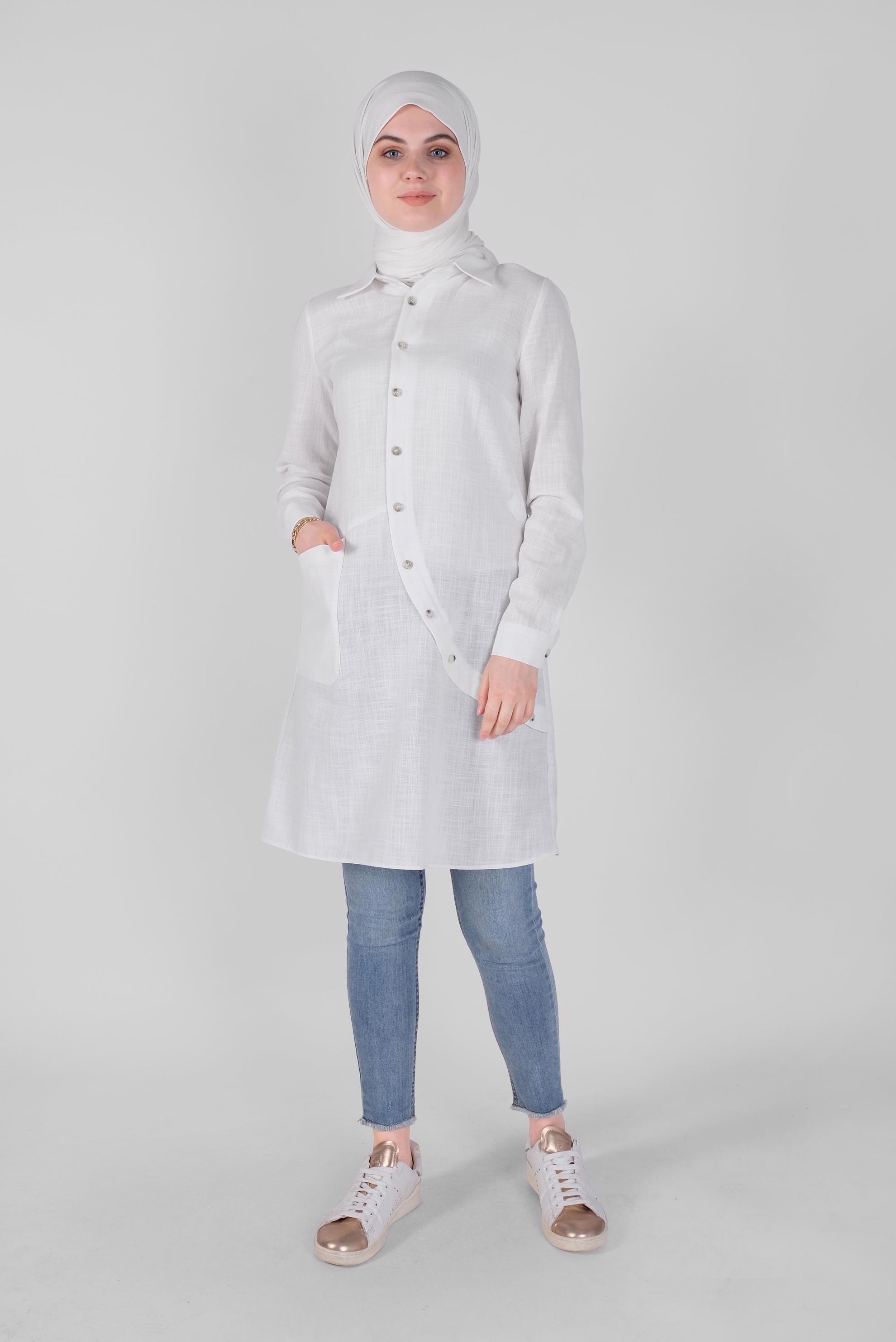 Tesettür giyim BEYAZ PAMUKLU DÜĞME DETAYLI TUNİK 41577 