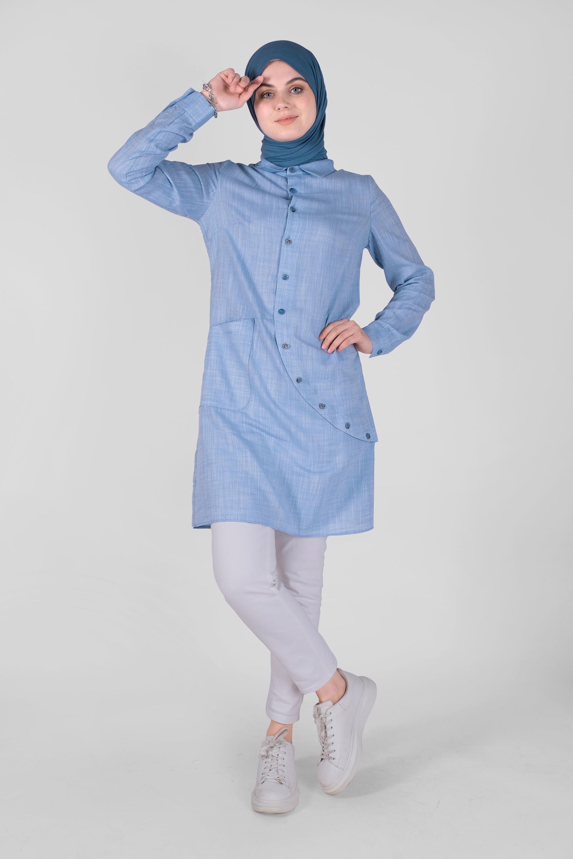 Tesettür giyim MAVİ PAMUKLU DÜĞME DETAYLI TUNİK 41577 
