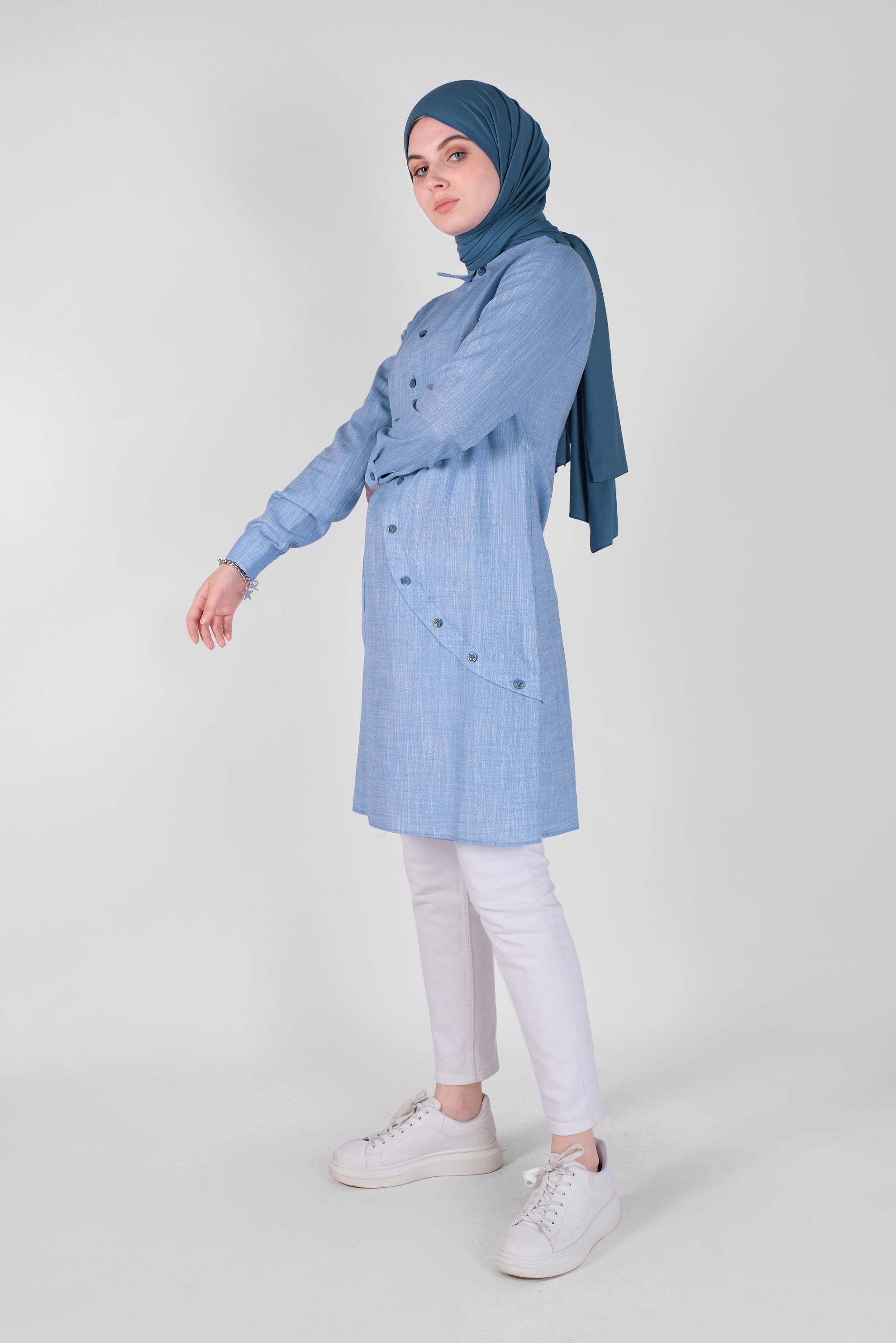 Tesettür giyim MAVİ PAMUKLU DÜĞME DETAYLI TUNİK 41577 