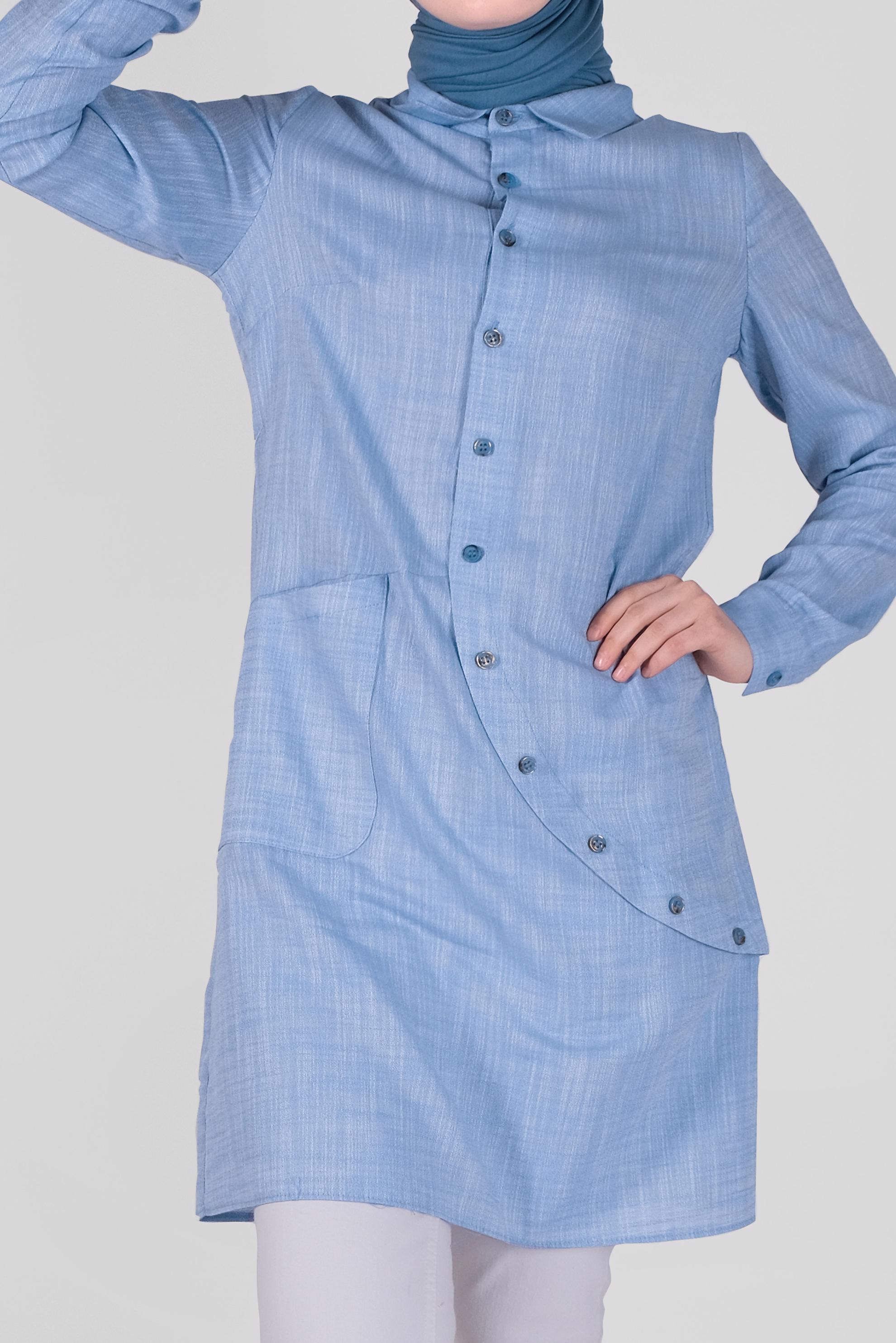 Tesettür giyim MAVİ PAMUKLU DÜĞME DETAYLI TUNİK 41577 