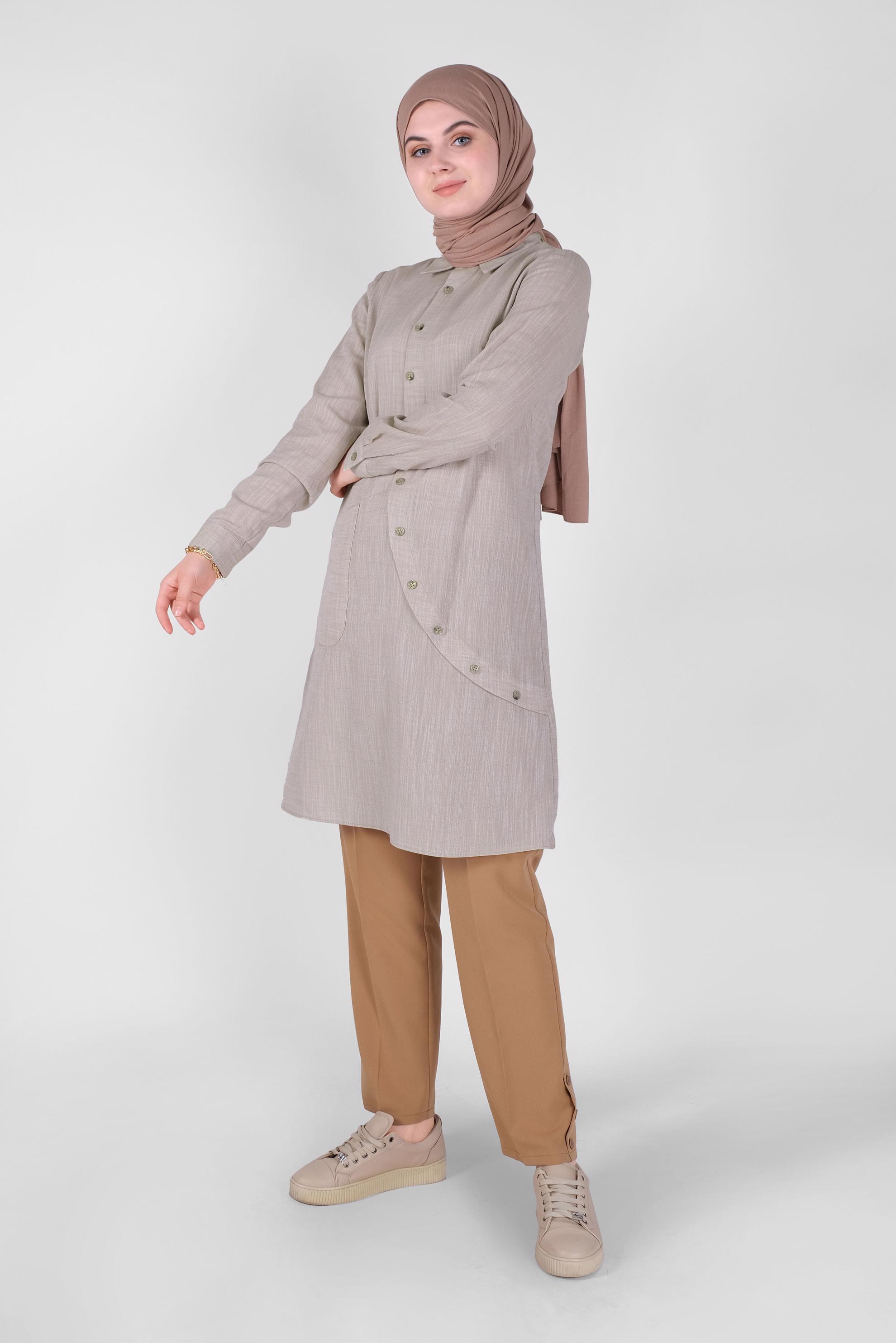 Tesettür giyim BEJ PAMUKLU DÜĞME DETAYLI TUNİK 41577 