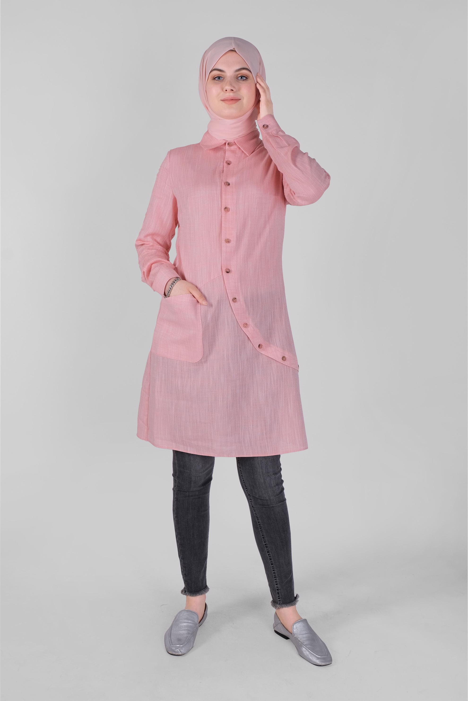 Tesettür giyim PUDRA PAMUKLU DÜĞME DETAYLI TUNİK 41577 