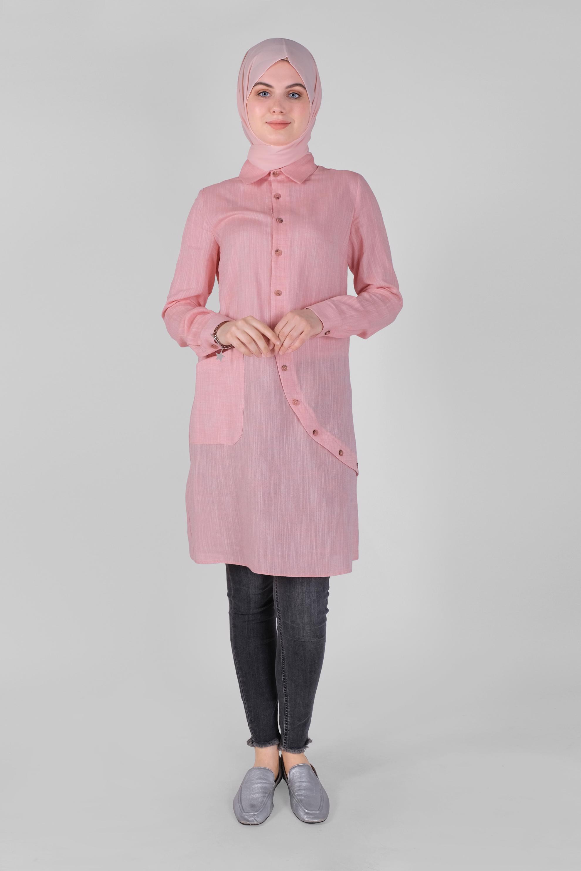 Tesettür giyim PUDRA PAMUKLU DÜĞME DETAYLI TUNİK 41577 