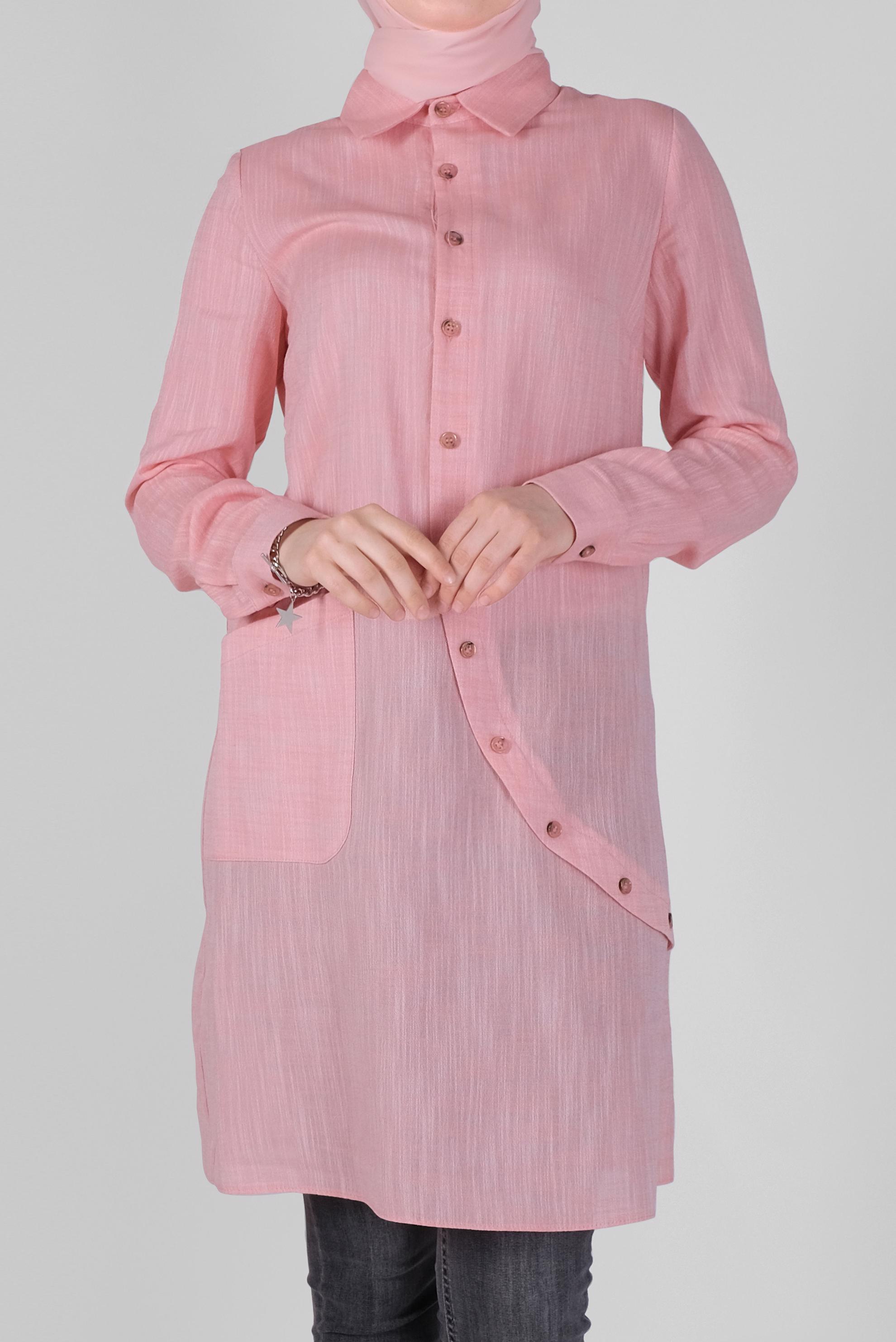 Tesettür giyim PUDRA PAMUKLU DÜĞME DETAYLI TUNİK 41577 