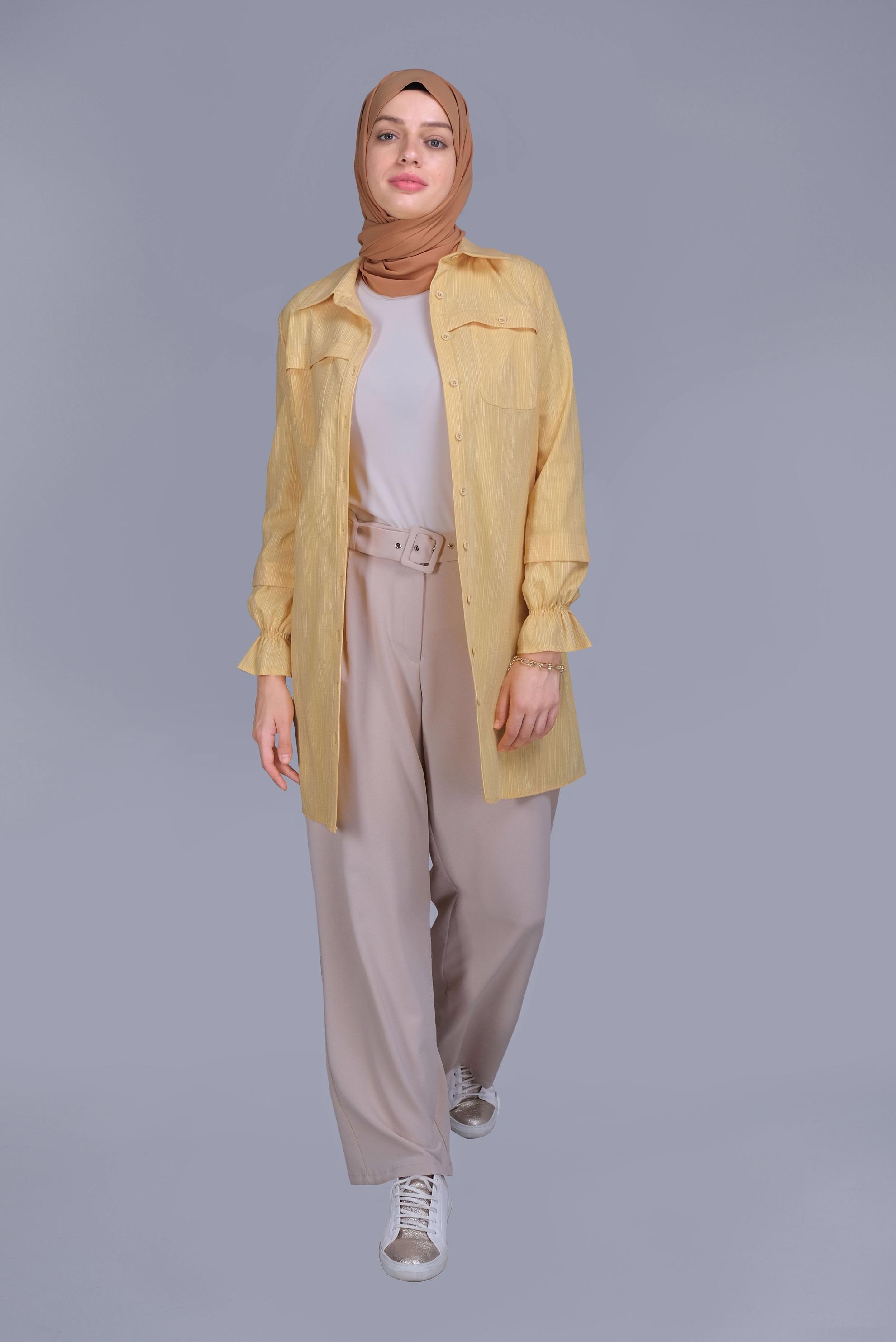 Tesettür giyim SARI MANŞETLERİ LASTİKLİ BOYDAN DÜĞMELİ TUNİK 41578 