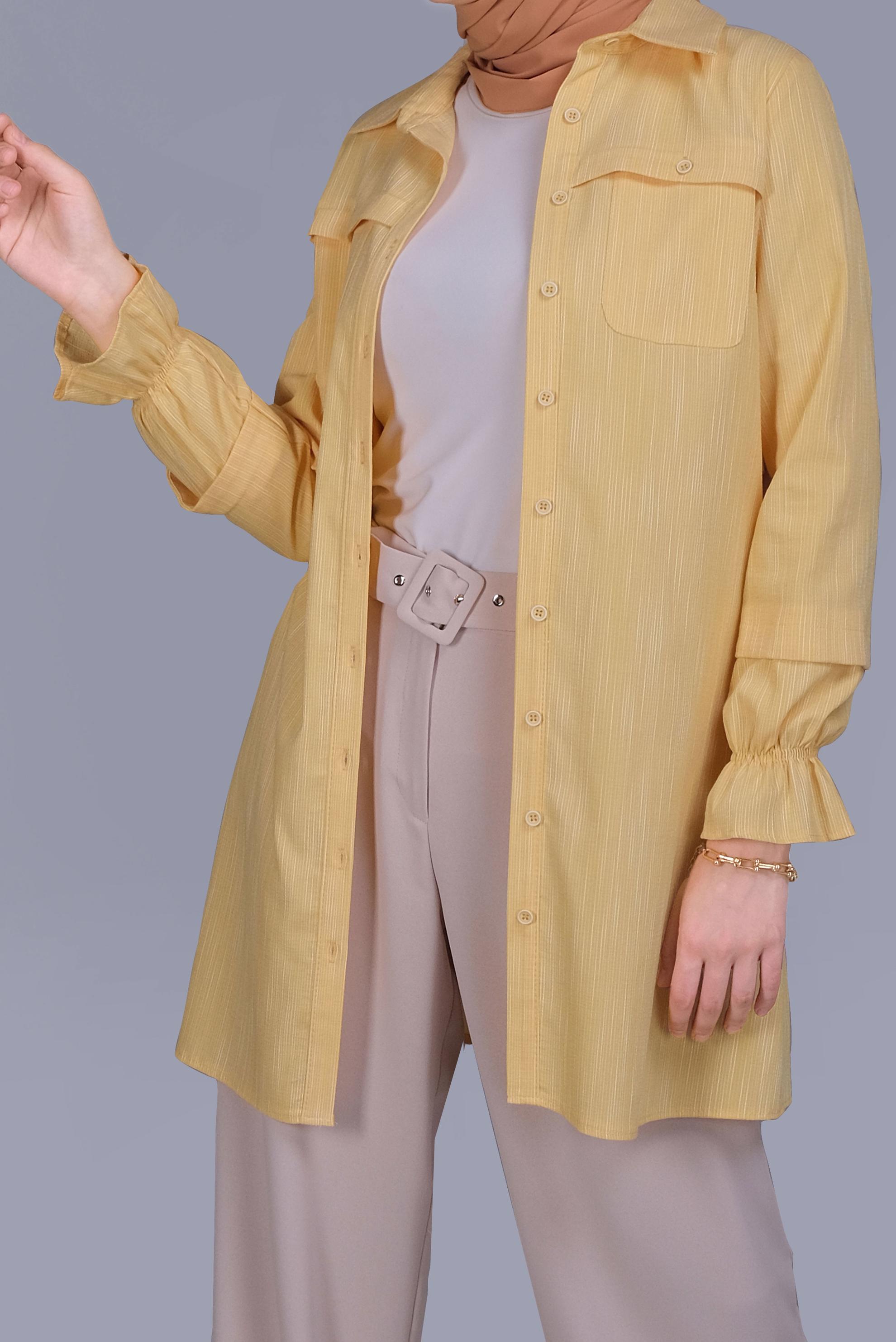 Tesettür giyim SARI MANŞETLERİ LASTİKLİ BOYDAN DÜĞMELİ TUNİK 41578 