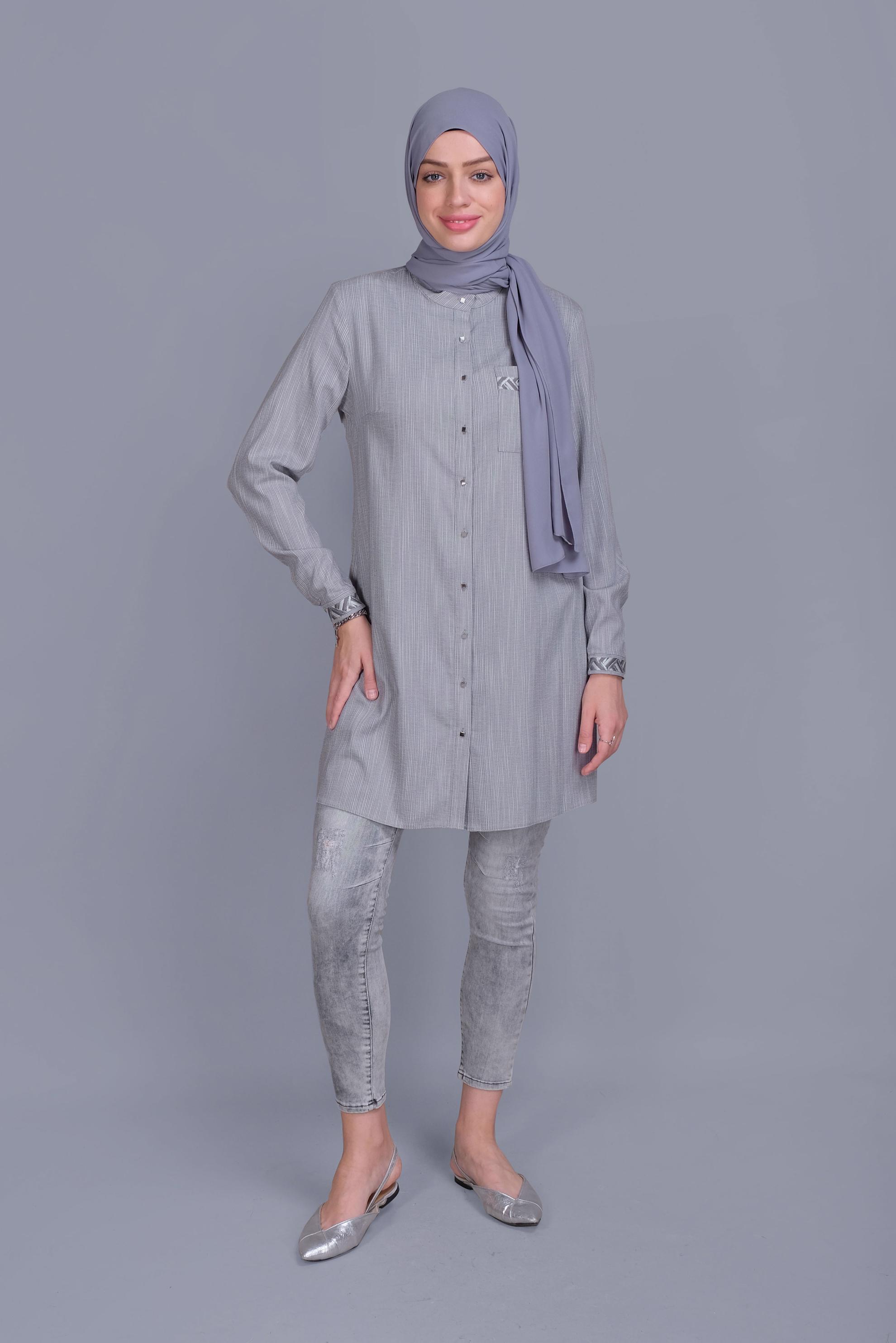 Tesettür giyim GRİ PAMUKLU KIRÇILLI DESENLİ TUNİK 41581 