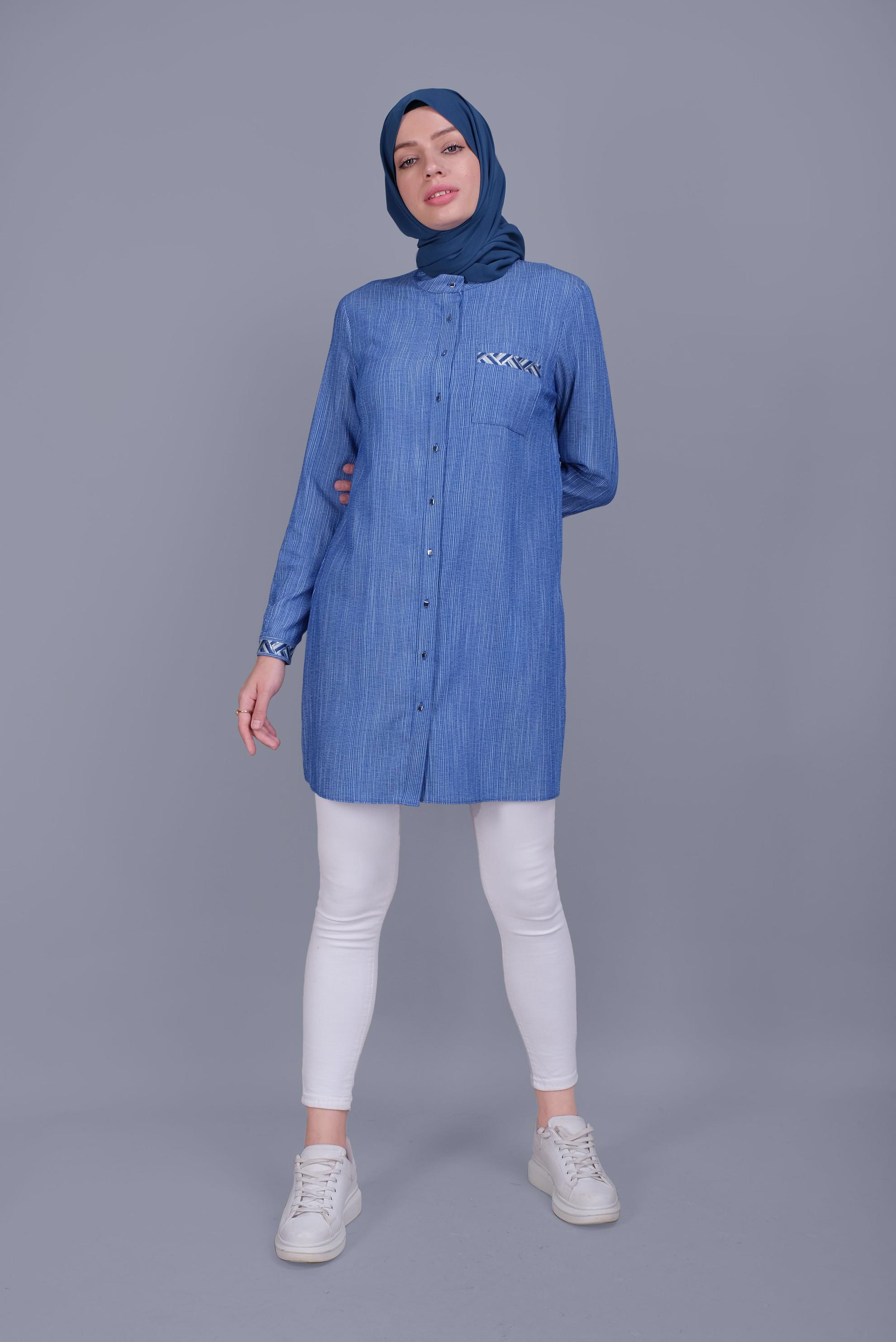 Tesettür giyim LACİVERT PAMUKLU KIRÇILLI DESENLİ TUNİK 41581 