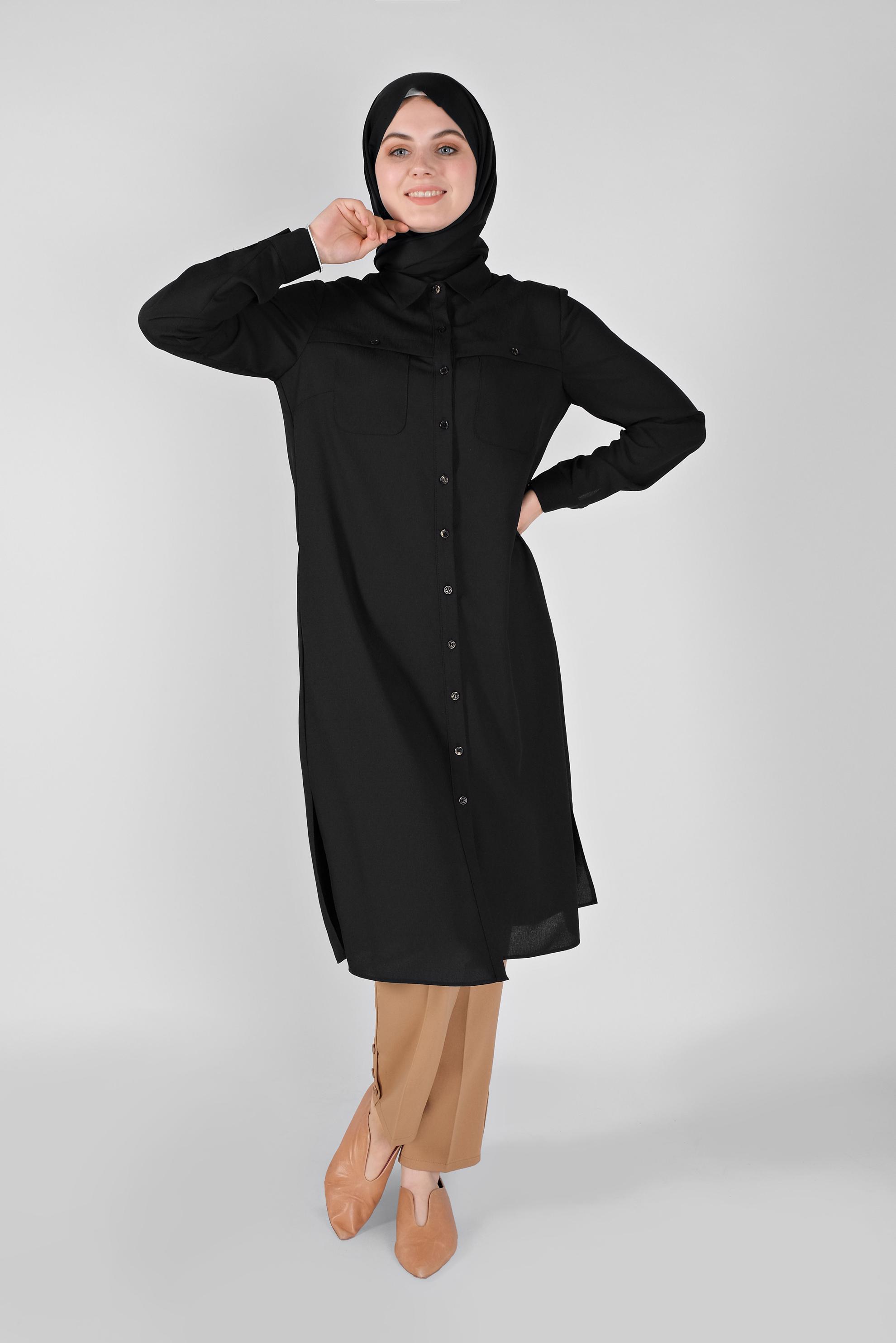 Tesettür giyim SİYAH BOYDAN DÜĞMELİ CEPLİ TUNİK 41584 