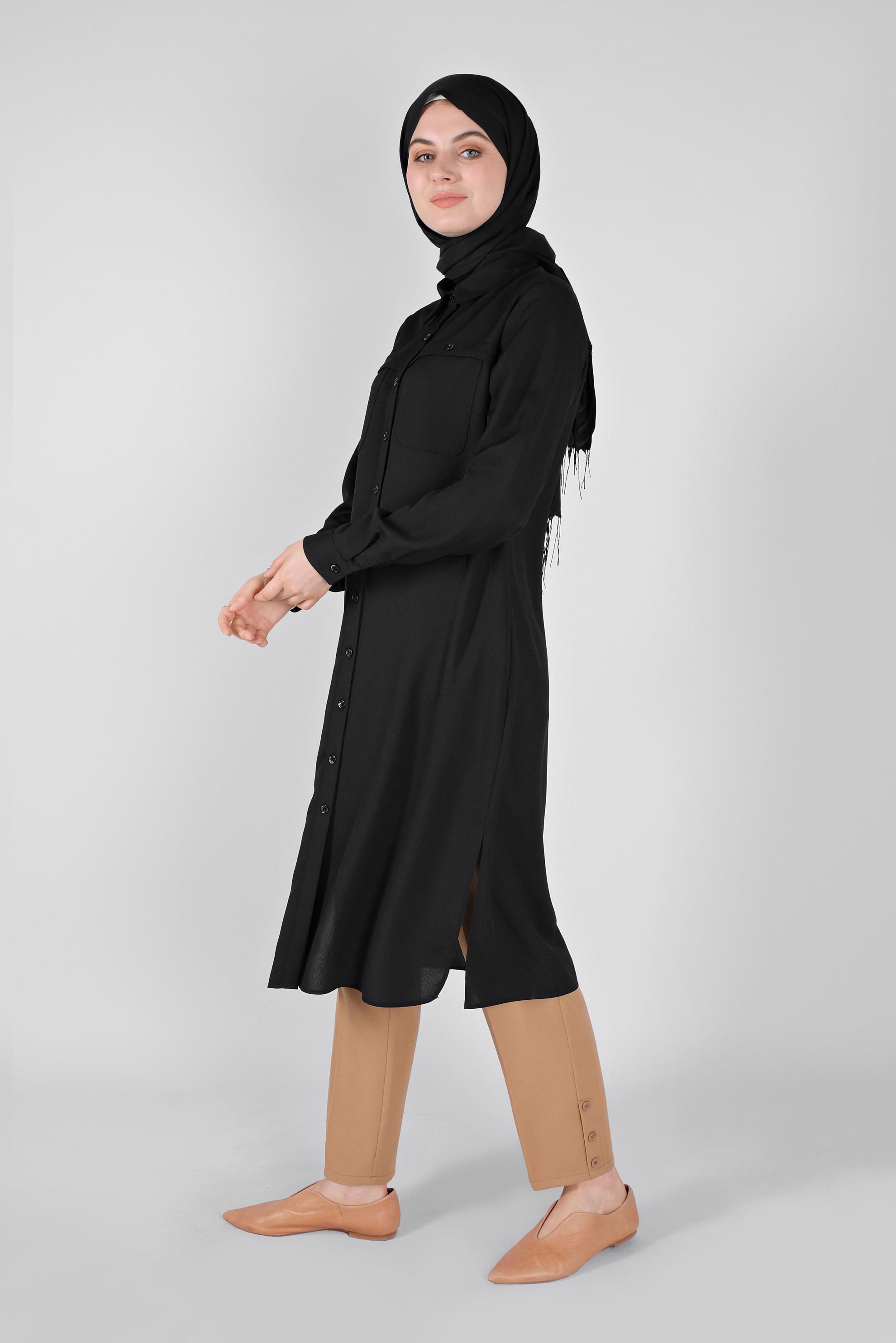 Tesettür giyim SİYAH BOYDAN DÜĞMELİ CEPLİ TUNİK 41584 