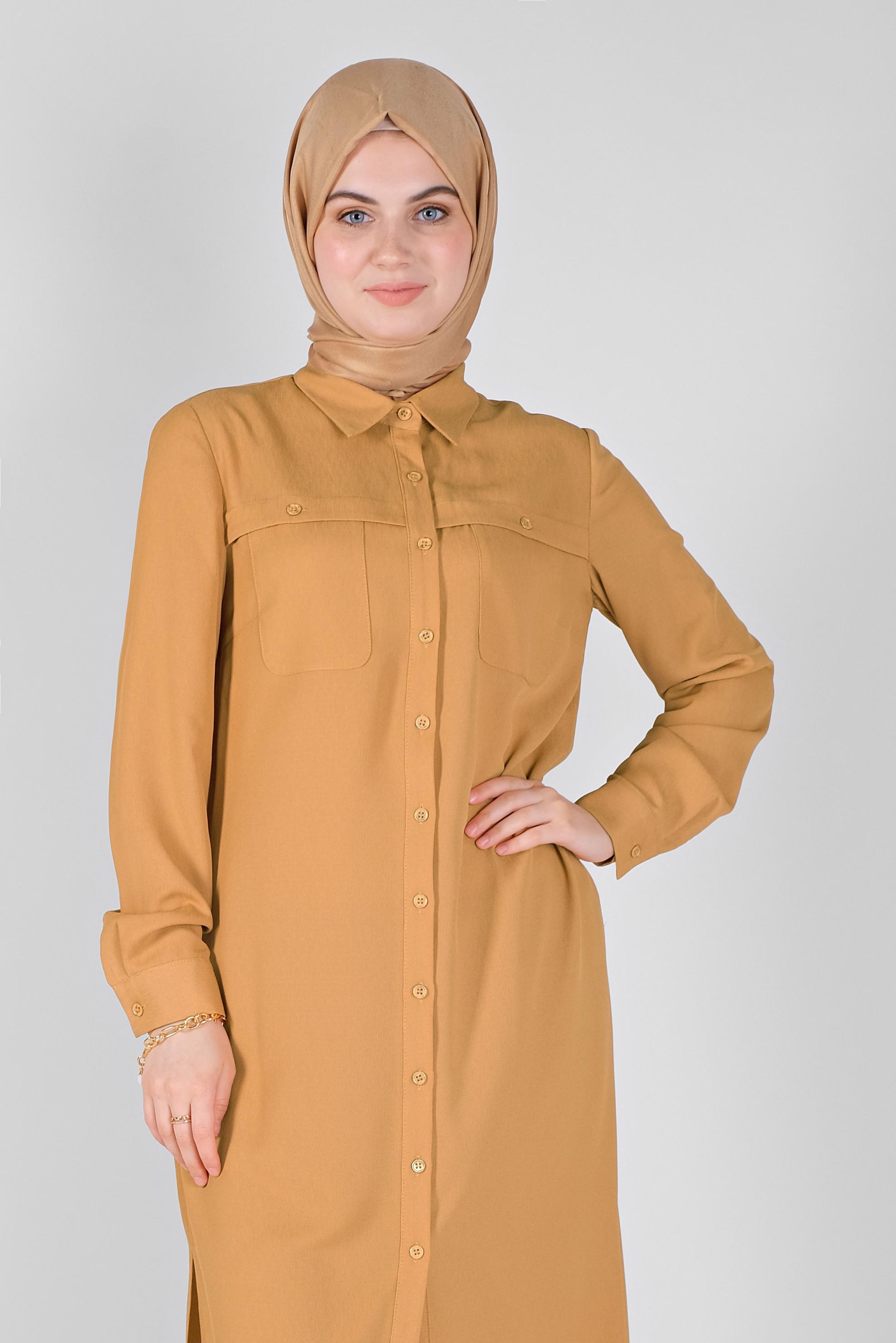 Tesettür giyim SARI BOYDAN DÜĞMELİ CEPLİ TUNİK 41584 