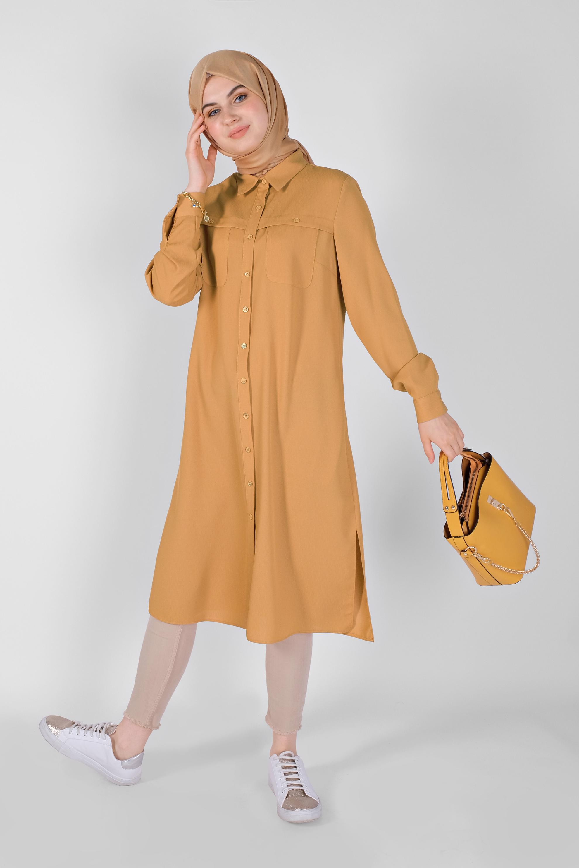 Tesettür giyim SARI BOYDAN DÜĞMELİ CEPLİ TUNİK 41584 