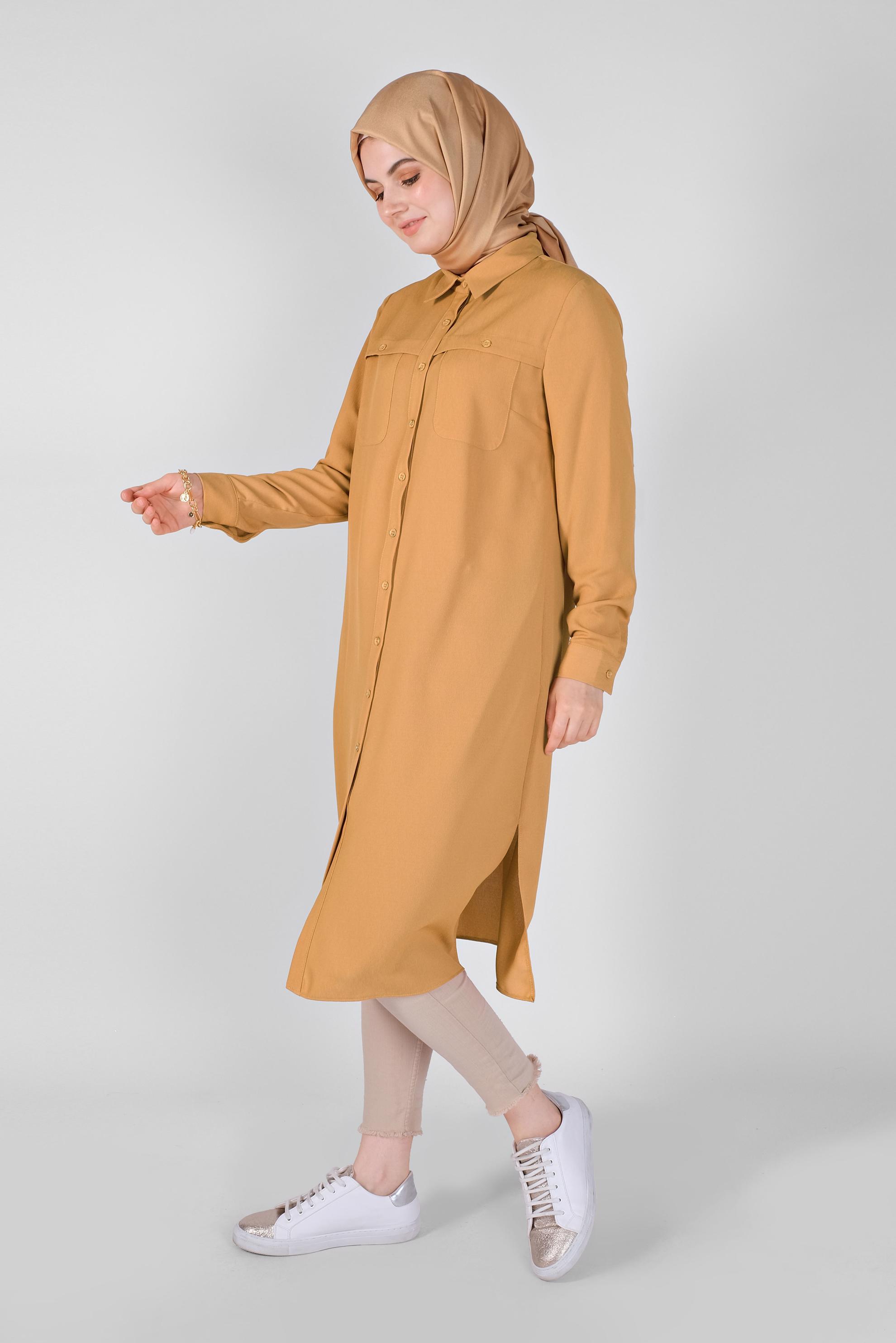Tesettür giyim SARI BOYDAN DÜĞMELİ CEPLİ TUNİK 41584 