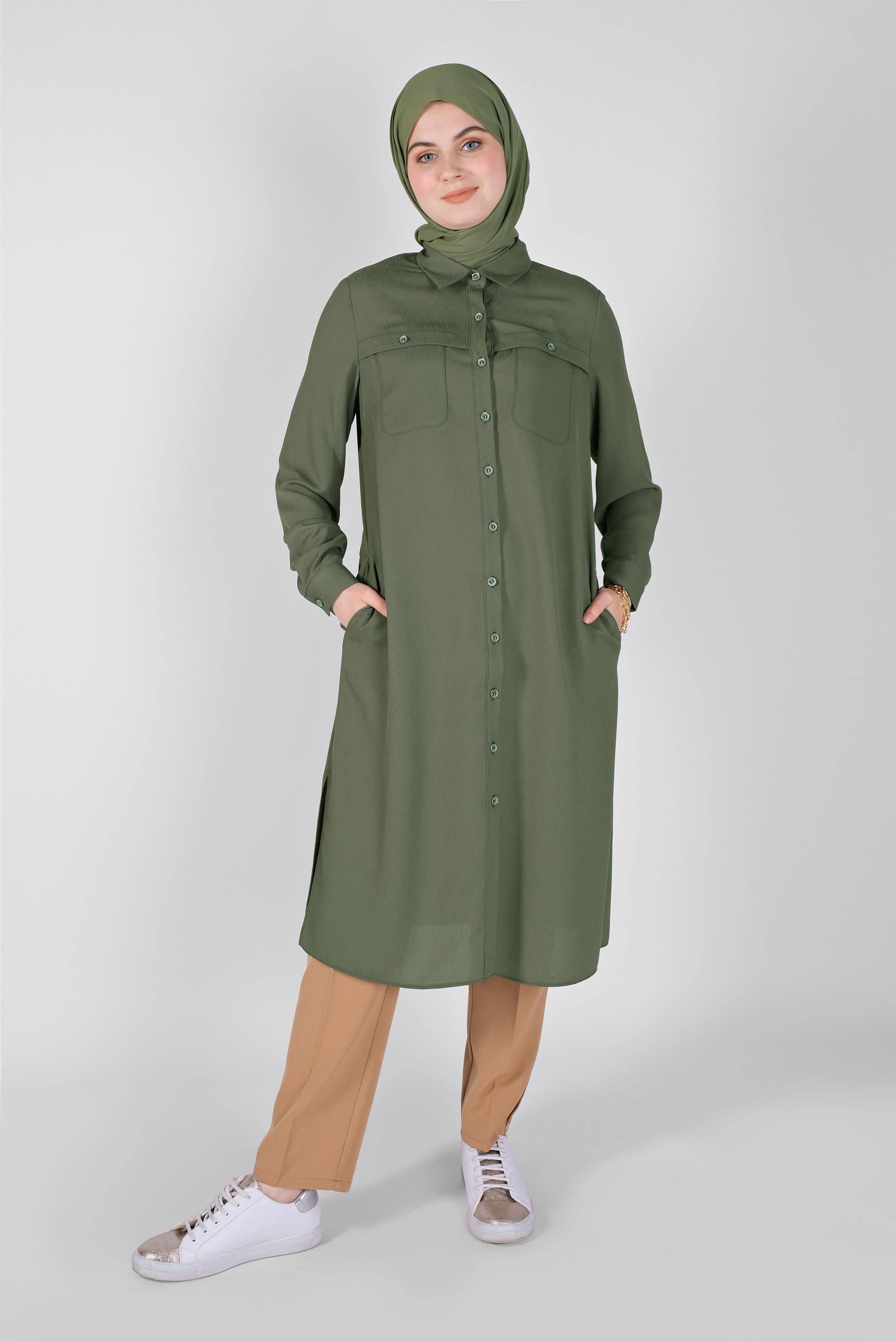 Tesettür giyim HAKİ BOYDAN DÜĞMELİ CEPLİ TUNİK 41584 