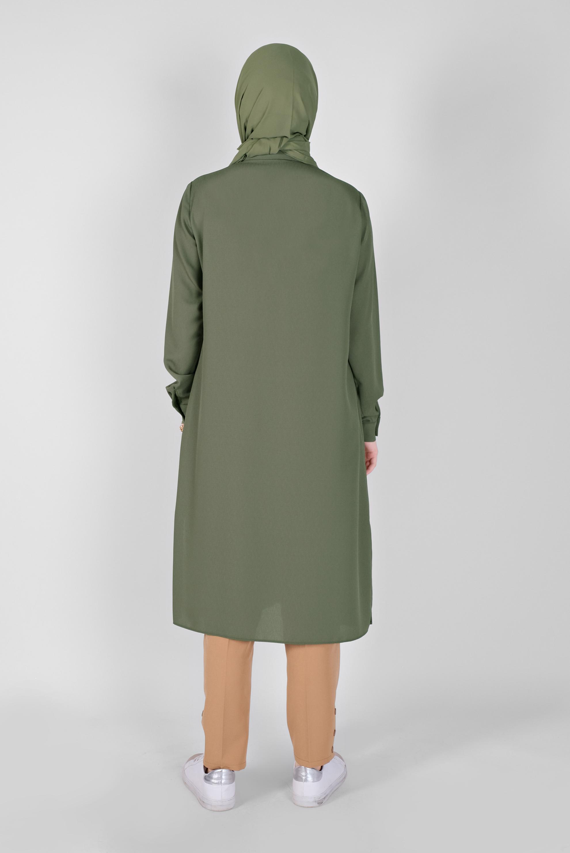 Tesettür giyim HAKİ BOYDAN DÜĞMELİ CEPLİ TUNİK 41584 