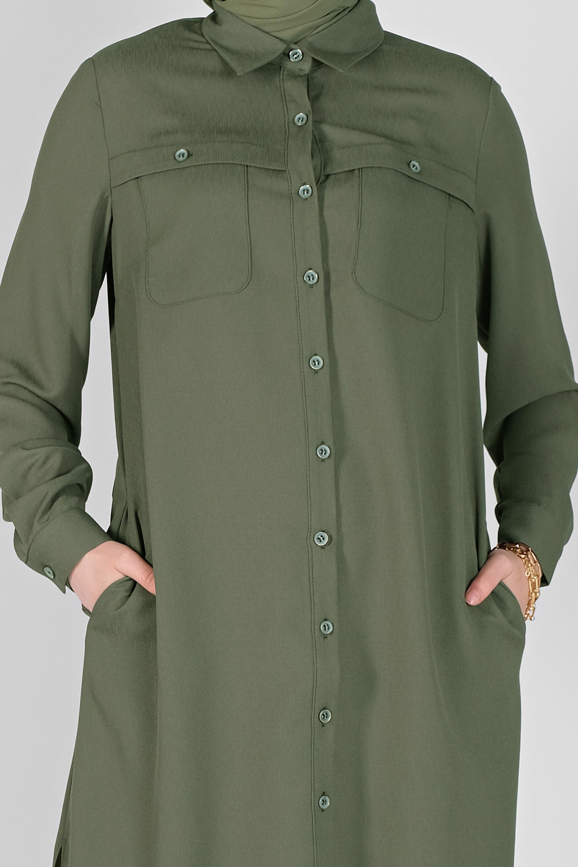 Tesettür giyim HAKİ BOYDAN DÜĞMELİ CEPLİ TUNİK 41584 