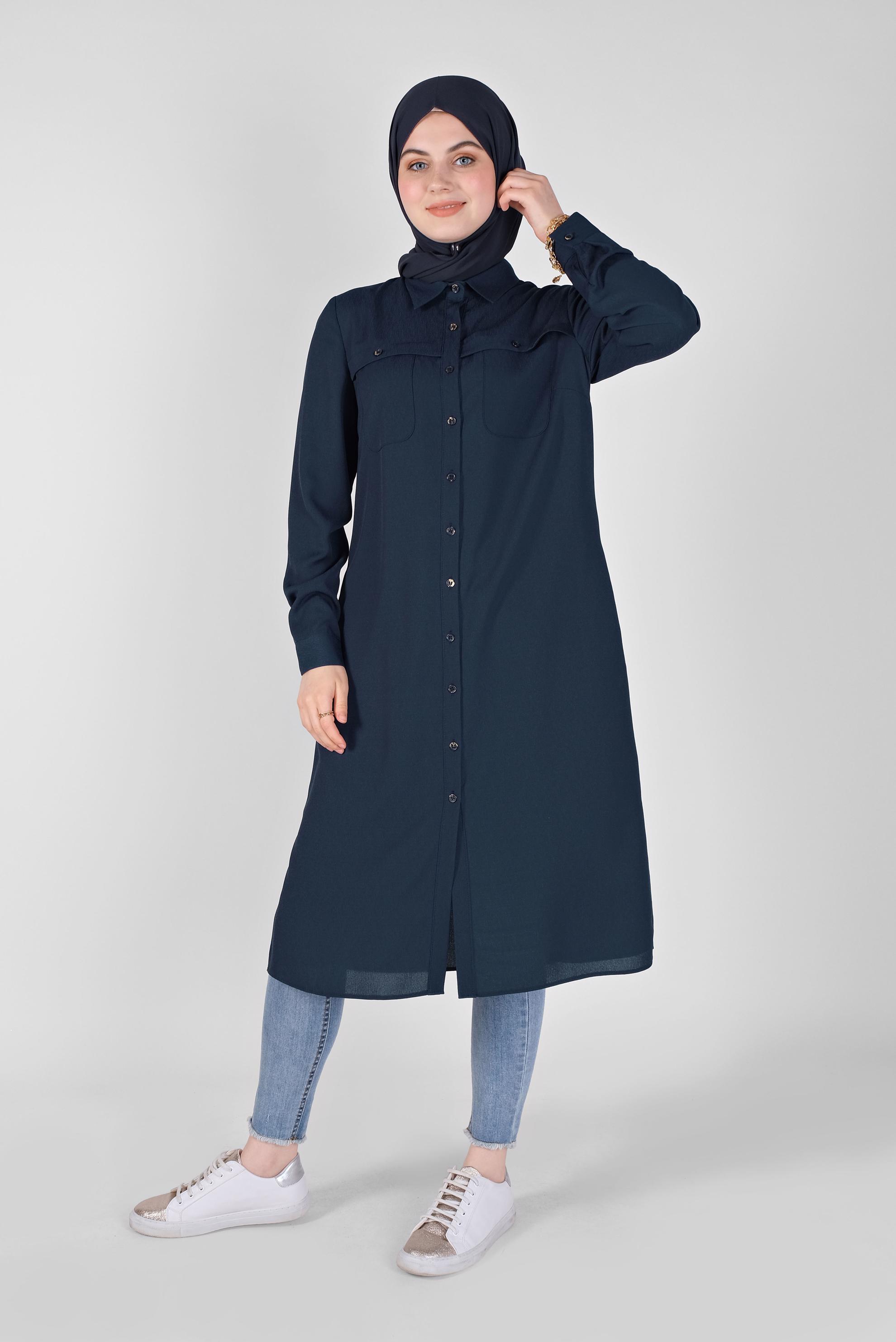 Tesettür giyim LACİVERT BOYDAN DÜĞMELİ CEPLİ TUNİK 41584 
