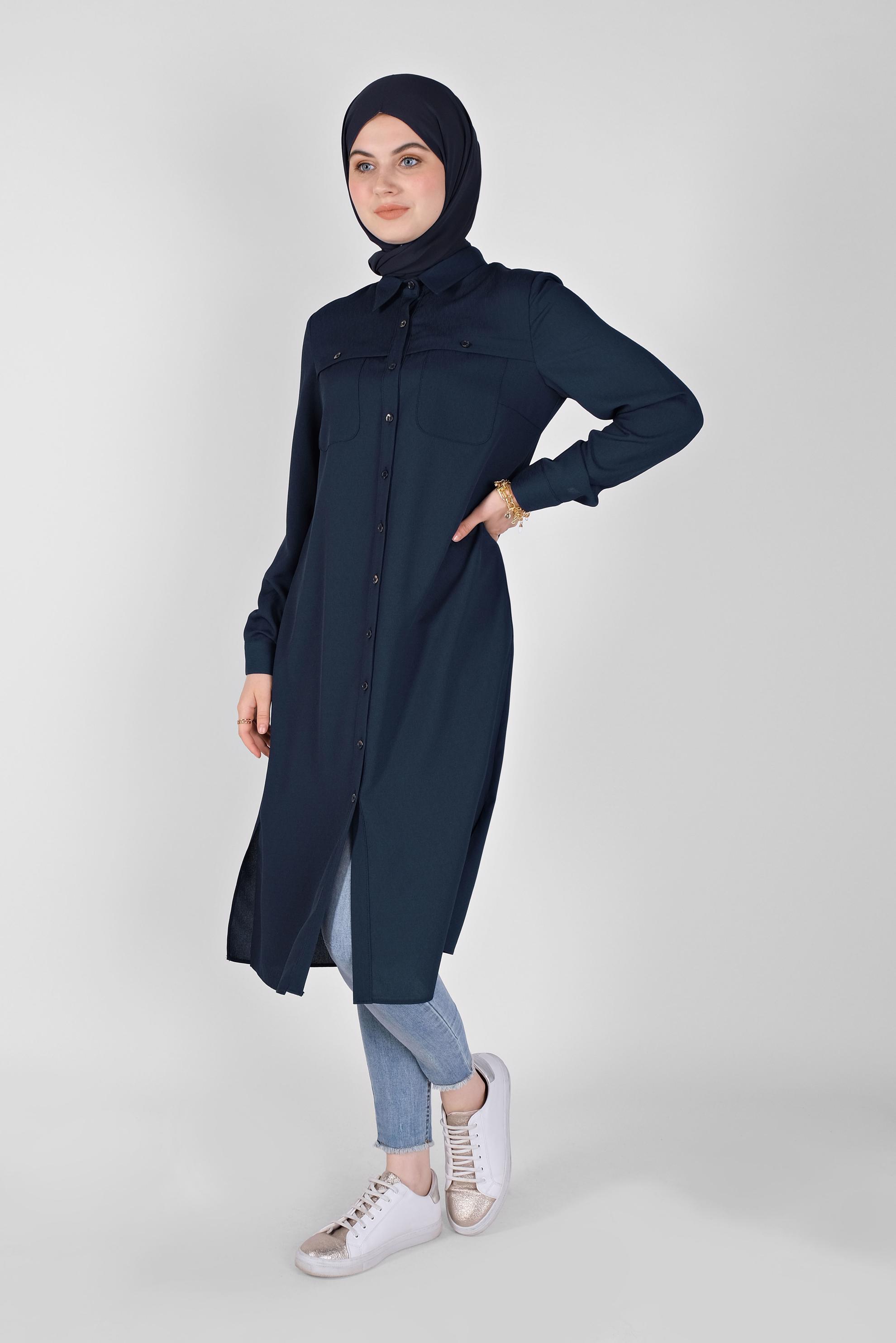 Tesettür giyim LACİVERT BOYDAN DÜĞMELİ CEPLİ TUNİK 41584 